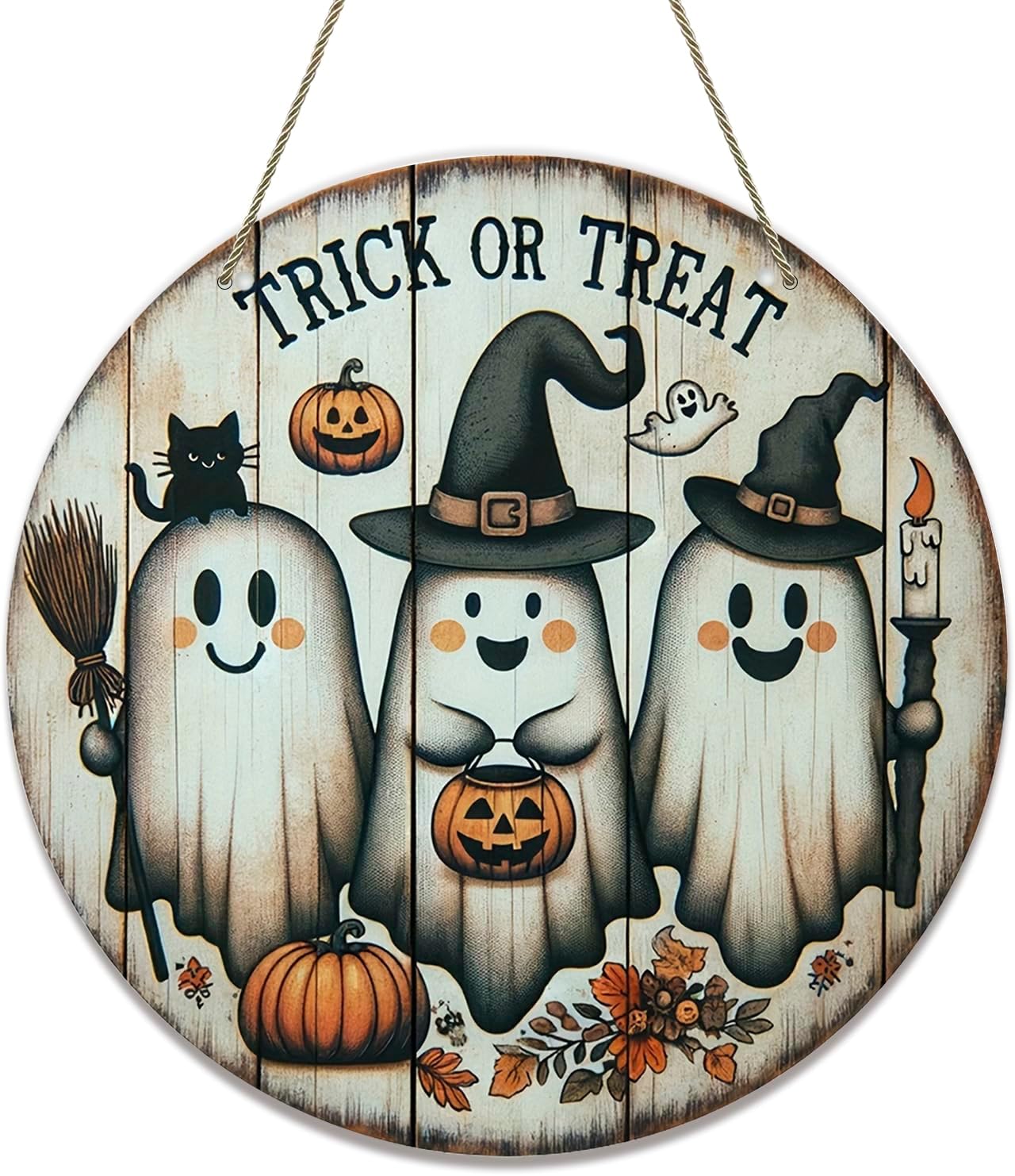 Spooky Halloween Door Sign with Ghost and Pumpkin Design