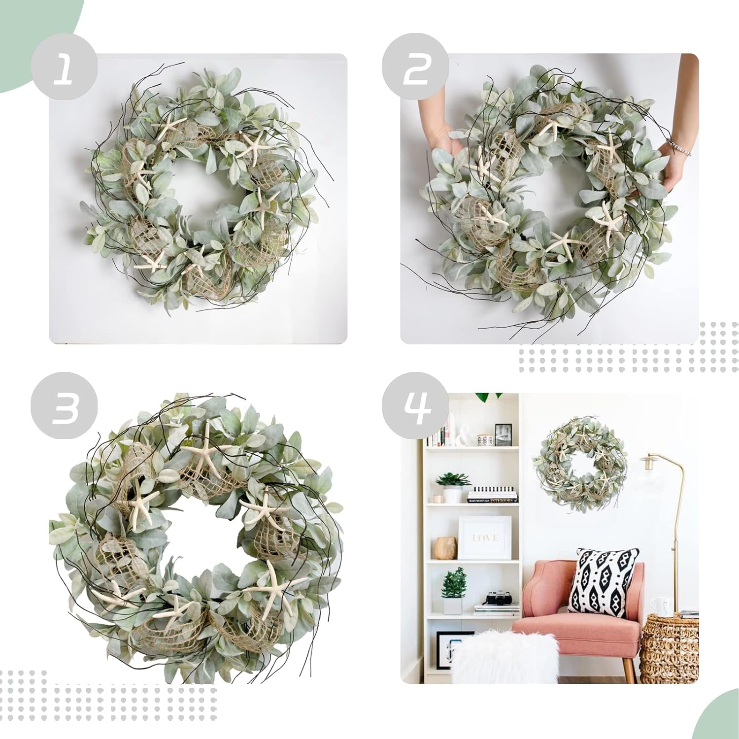 18 Inch Green Lambs Ear Wreath With Starfish