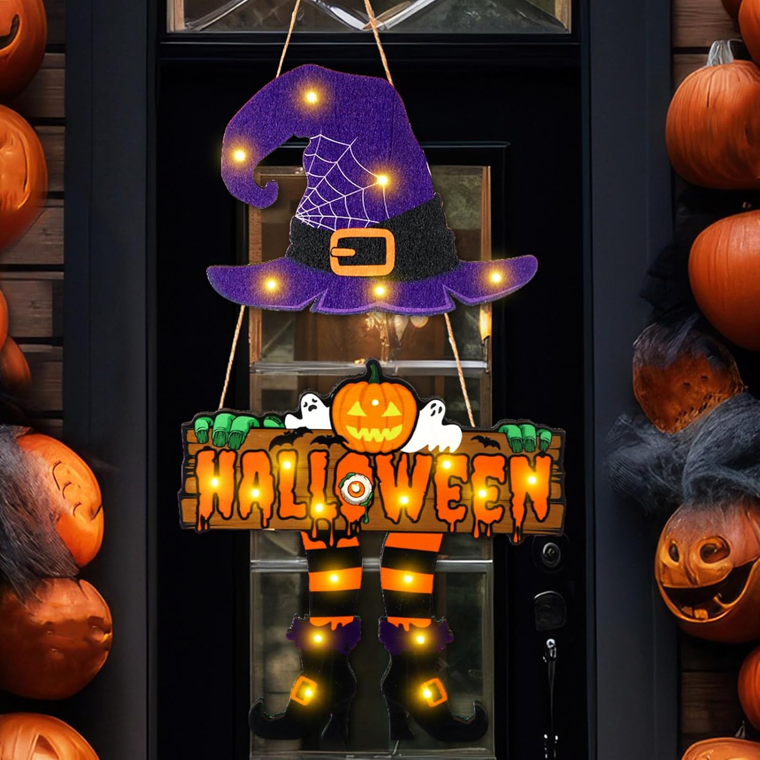 LED Halloween Witch Door Sign with Light Up Design
