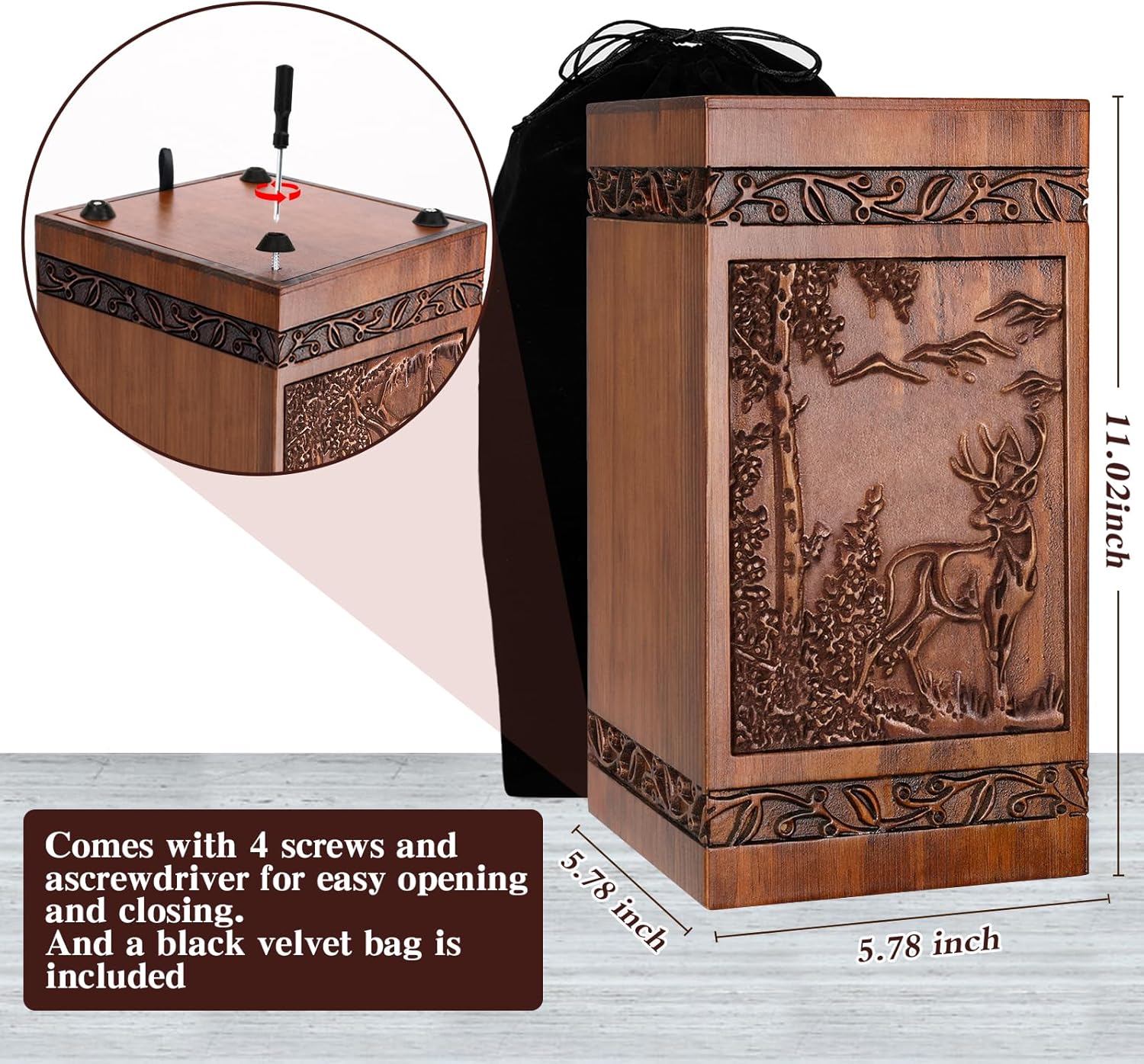 Wooden Cremation Urn with Engraved Deer Design