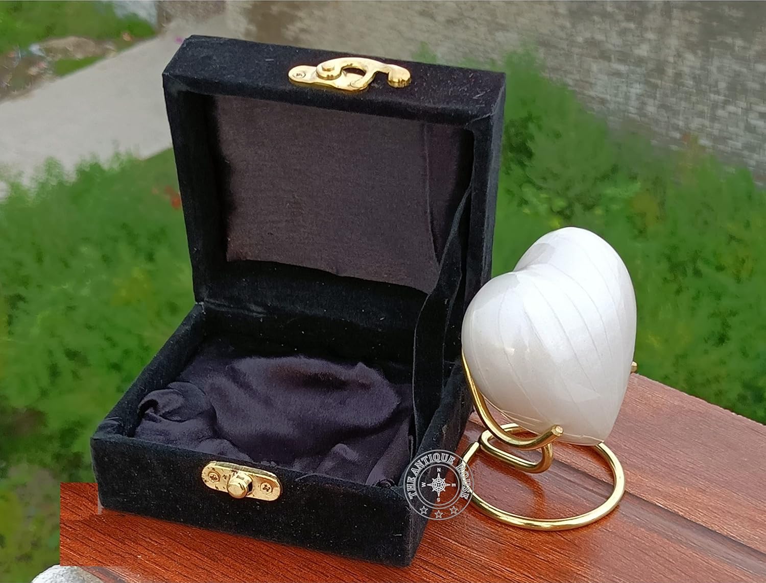 White Cremation Urn Heart with Brass Stand and Black Box
