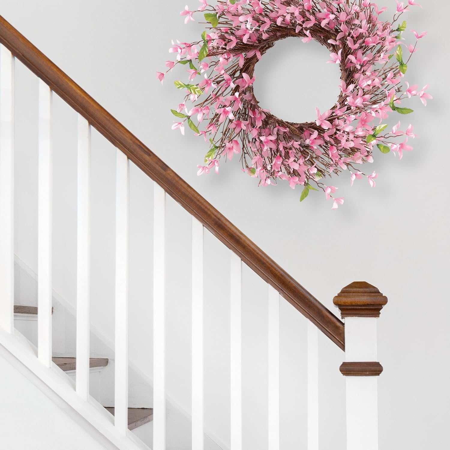 Collections Etc Spring Forsythia Floral Door Wreath in Pink