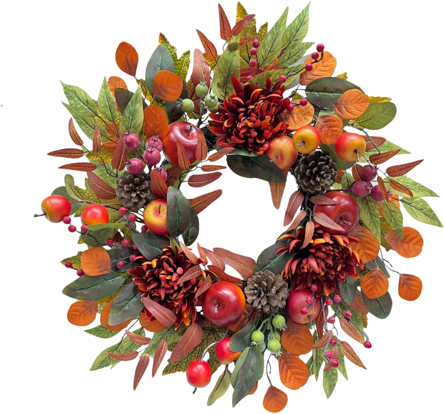 22 Inch Fall Chrysanthemum Wreath with Apples and Berries