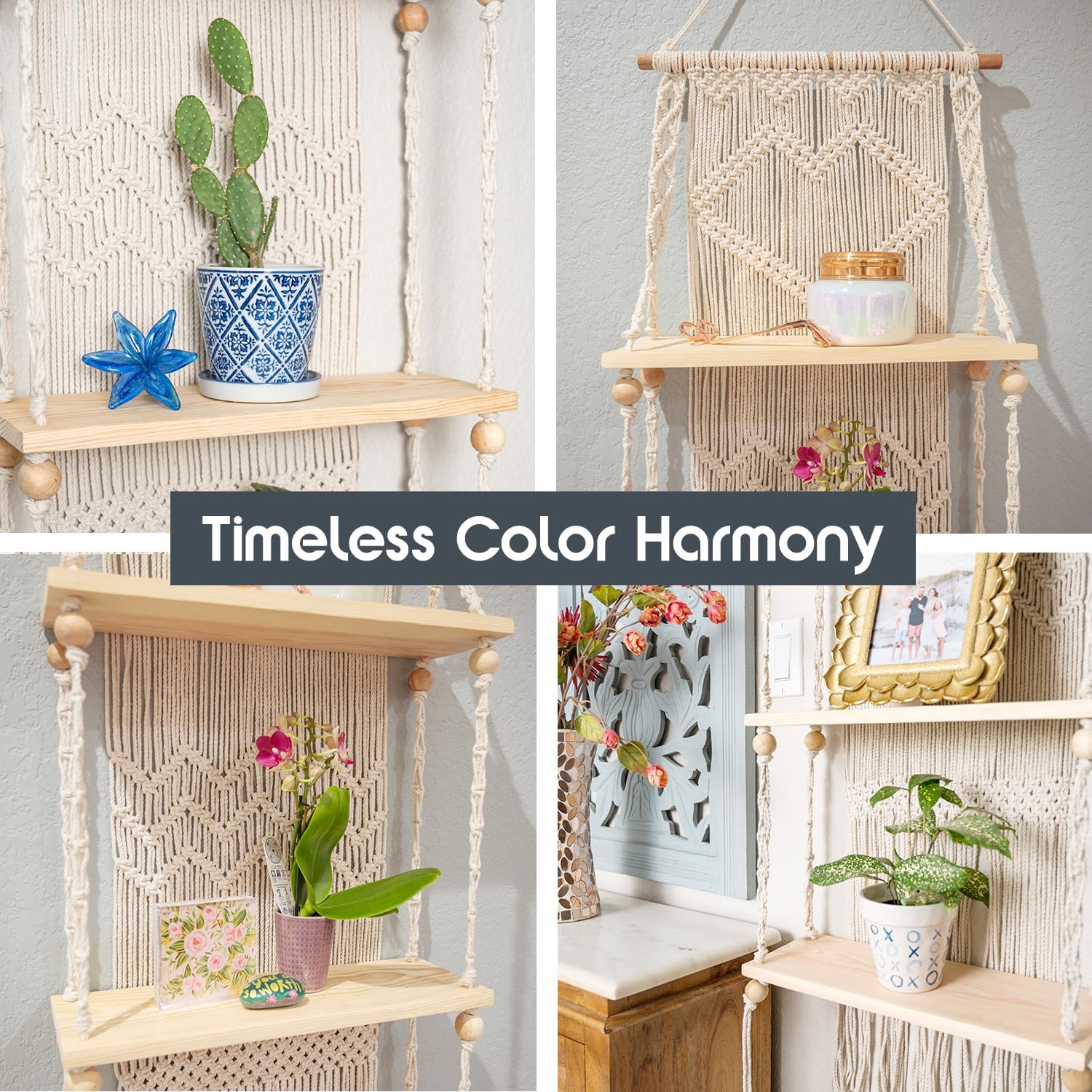 SnugLife 3 Tier Macrame Wall Shelf - Floating Plant Hanger with Pine Wood