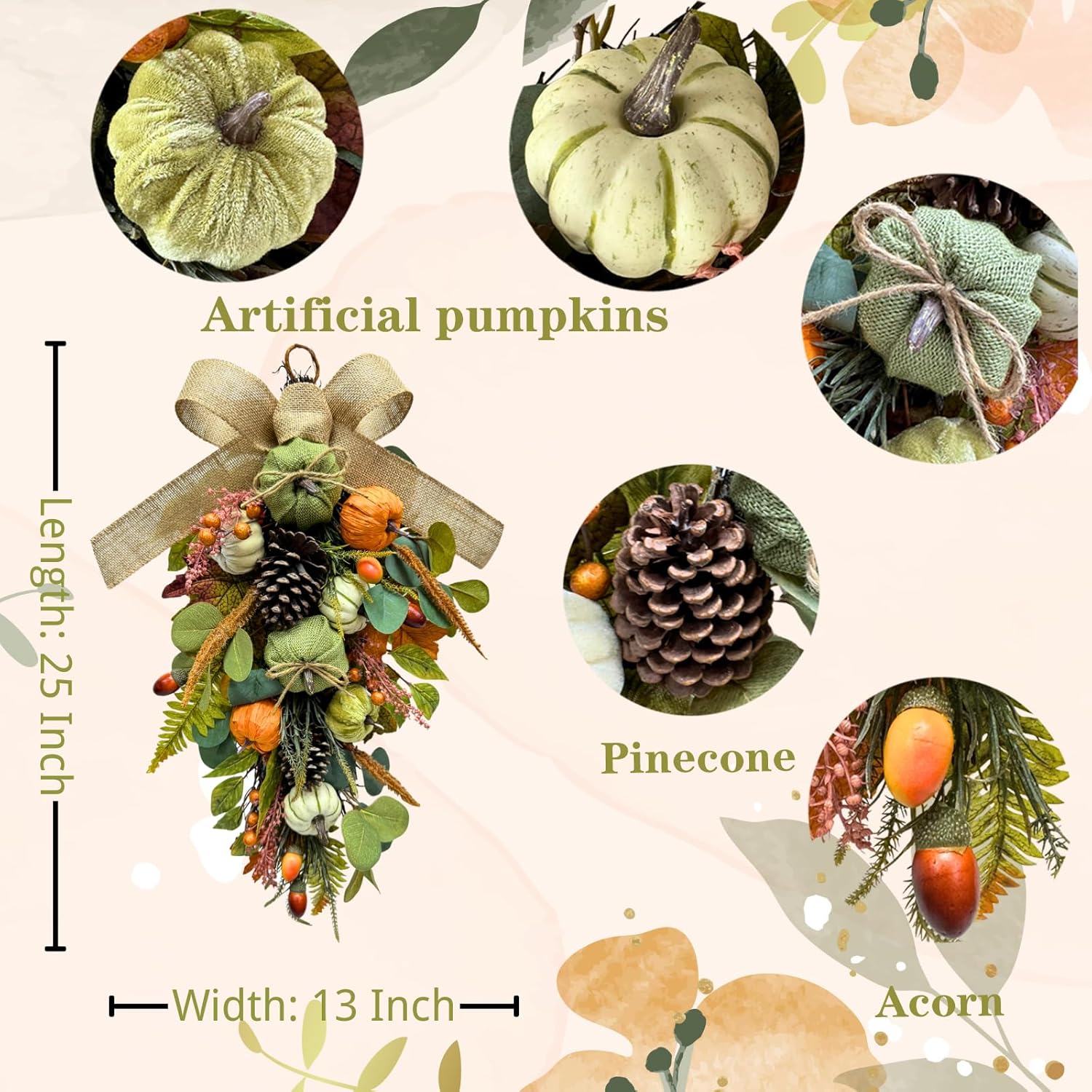 Harvest Teardrop Fall Wreath Decor with Pumpkins and Leaves