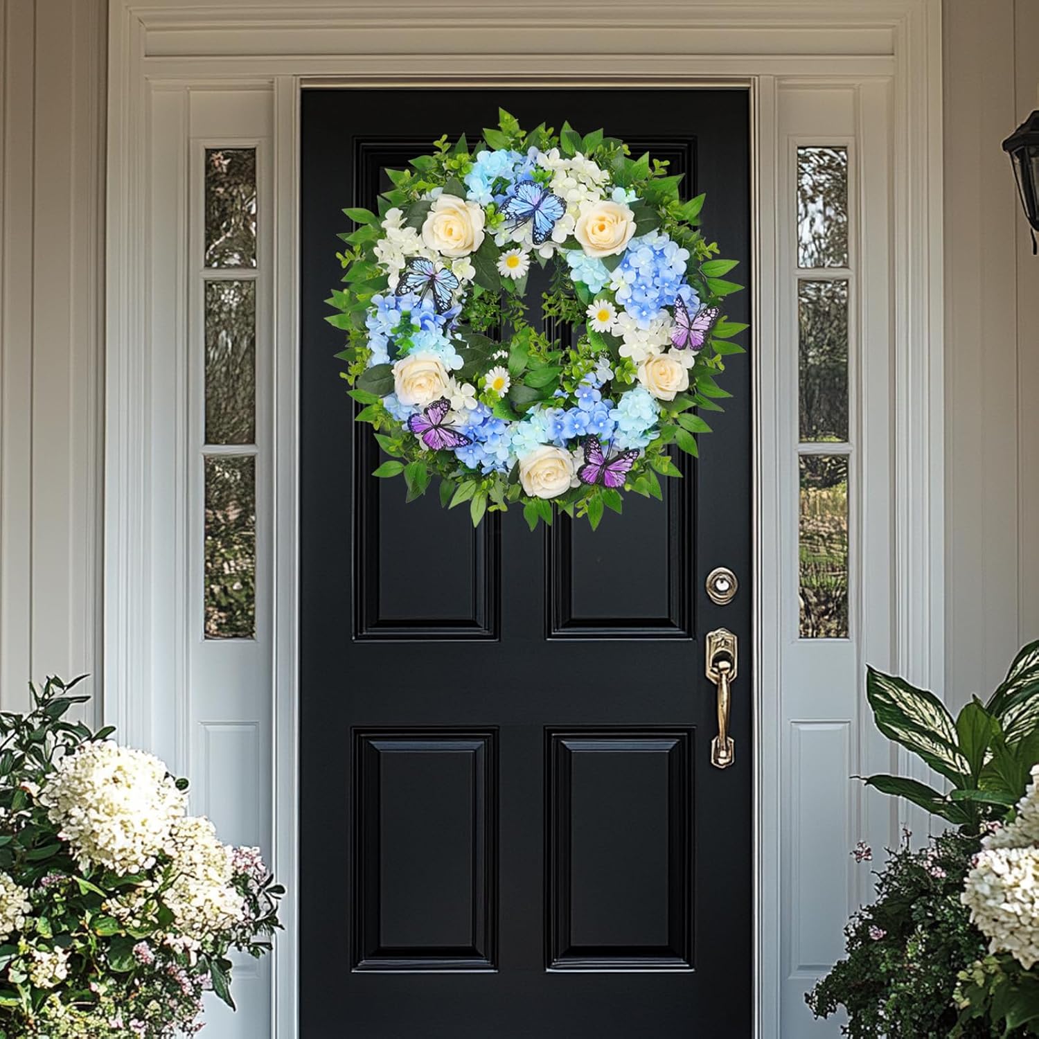 24 Inch Blue Hydrangea Wreath with Butterfly Lights Timer