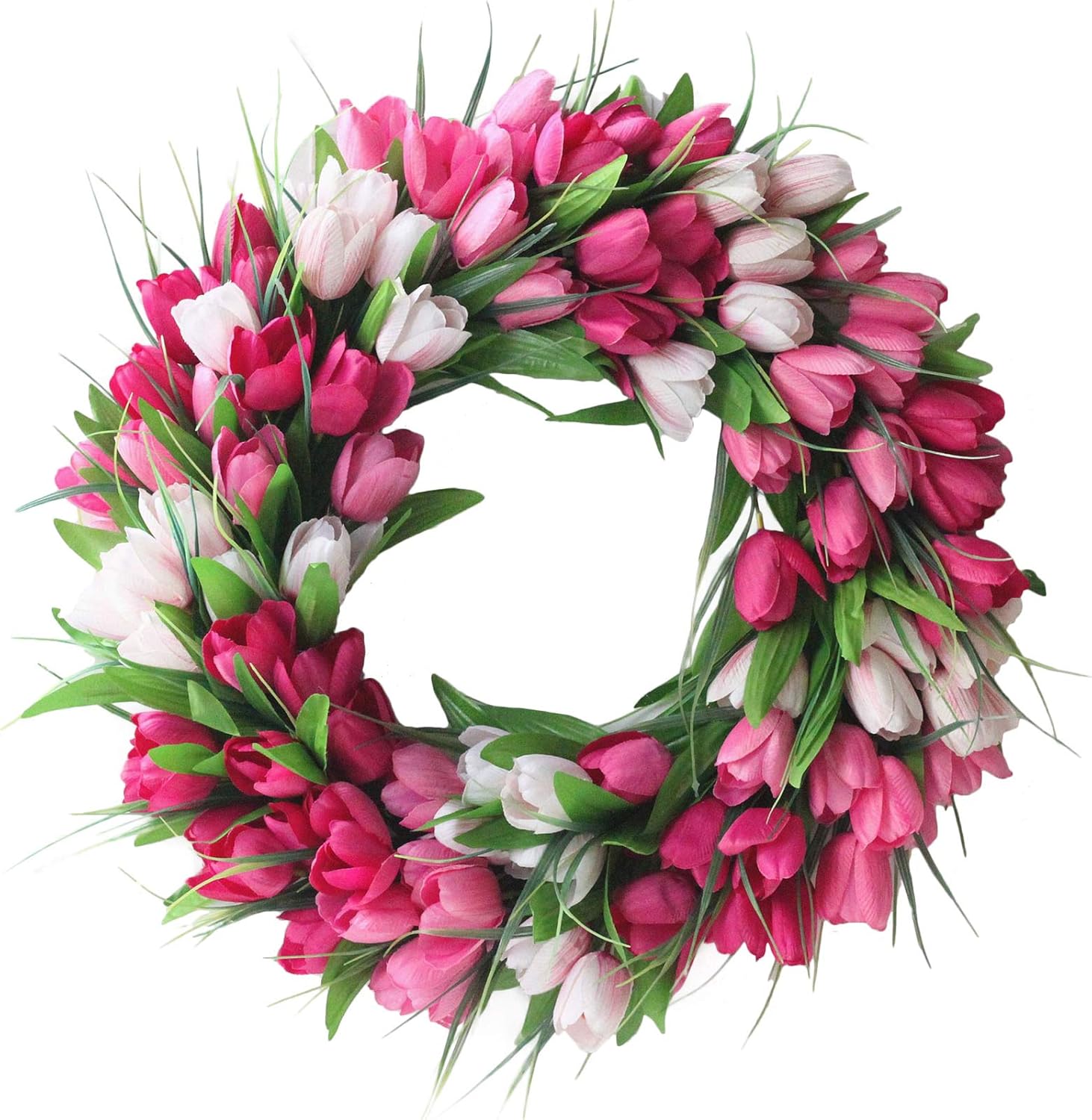 IUIBMI 20 Inches Artificial Door Wreath with Pink Tulips