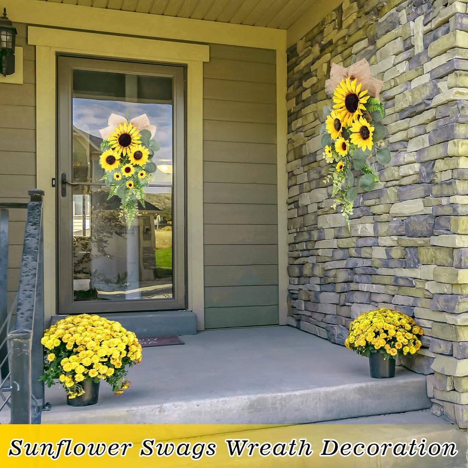 24 inch Artificial Sunflowers Teardrop Wreath with Burlap Bow