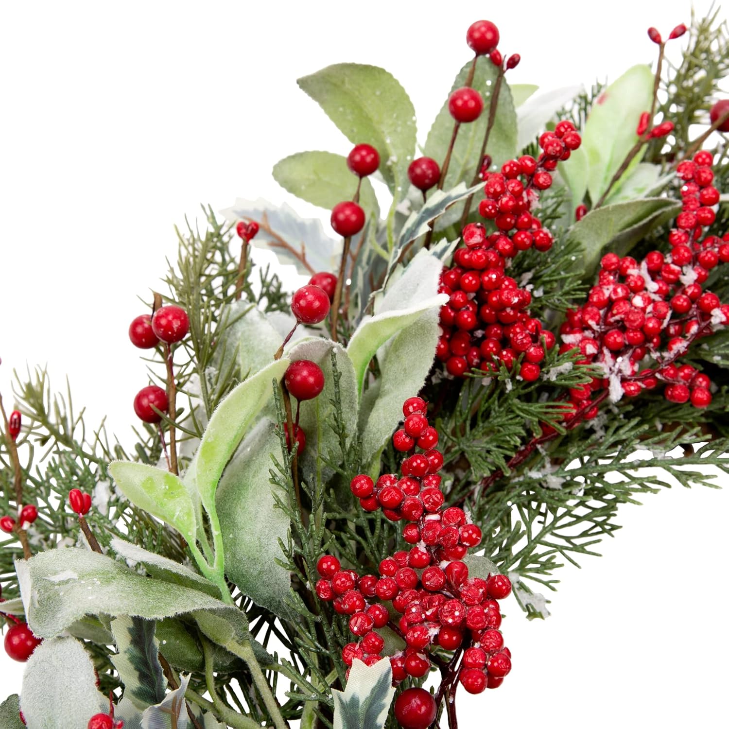 20 Inch Artificial Christmas Wreath with Lambs Ear Leaves Snow and Red Berries