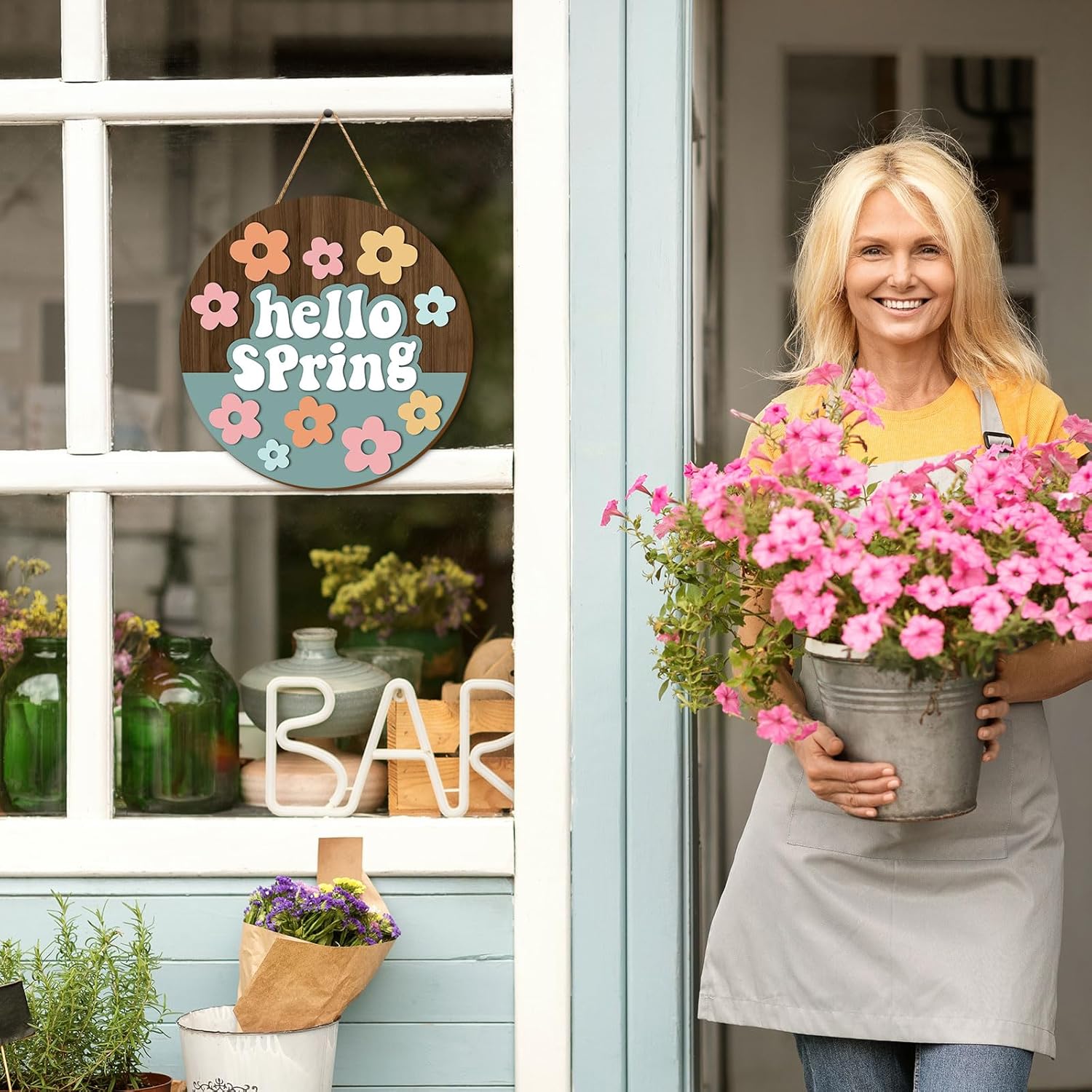 Whaline Hello Spring Wooden Door Hanger Sign
