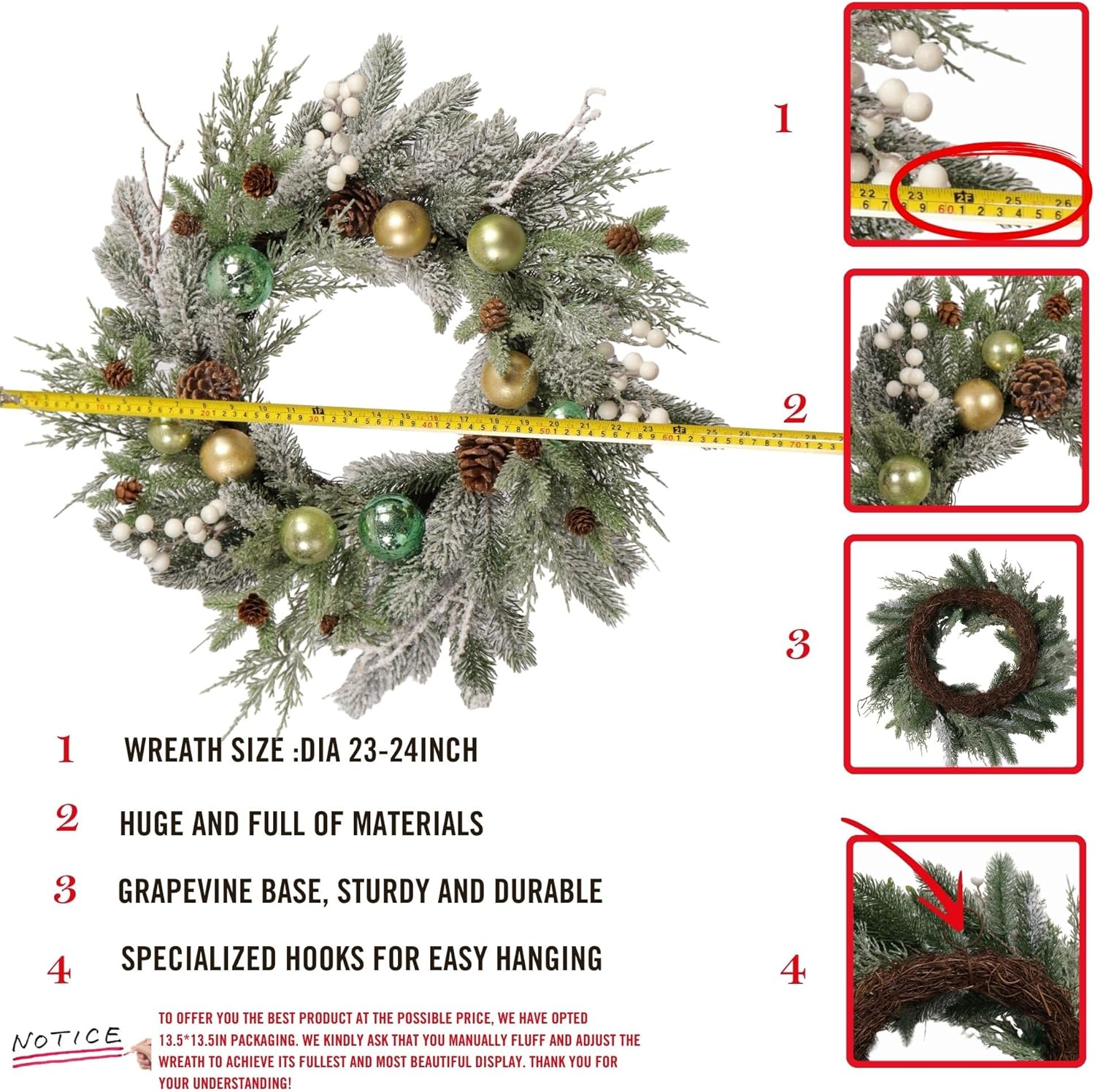 22-inch Snow Flocked Artificial Christmas Wreath with Gold Green Ornaments