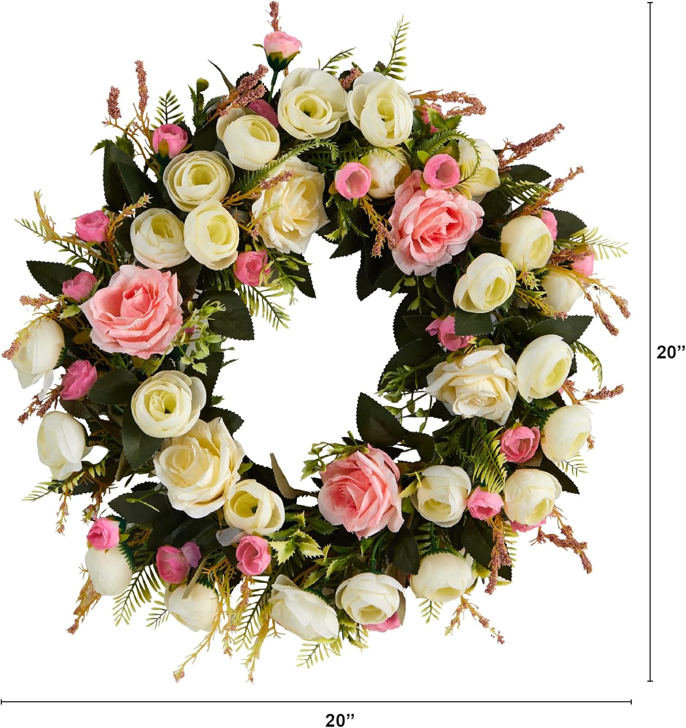 Nearly Natural 20in White and Pink Rose Artificial Wreath