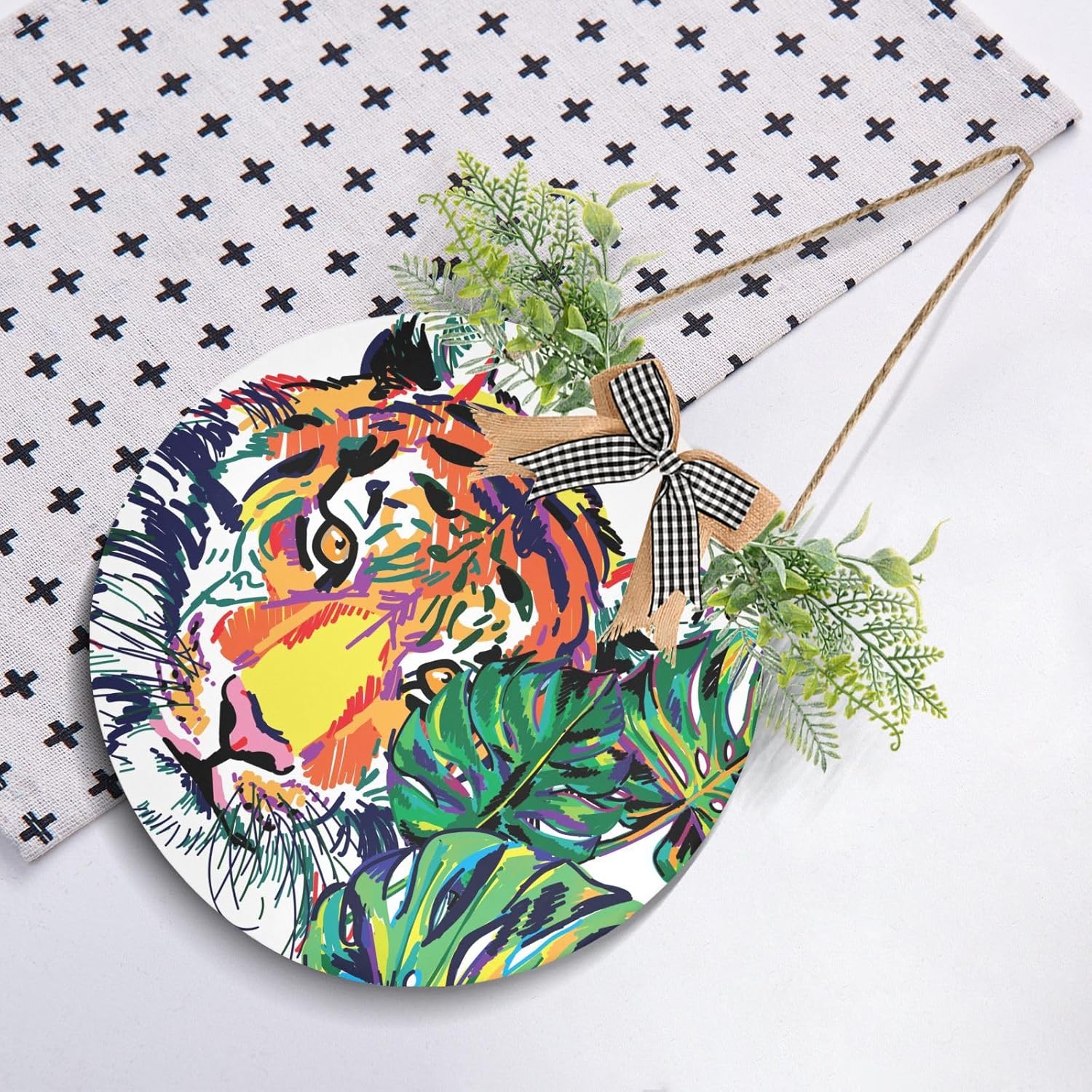 Exnundod Welcome Door Sign Tiger Jungle Wreath