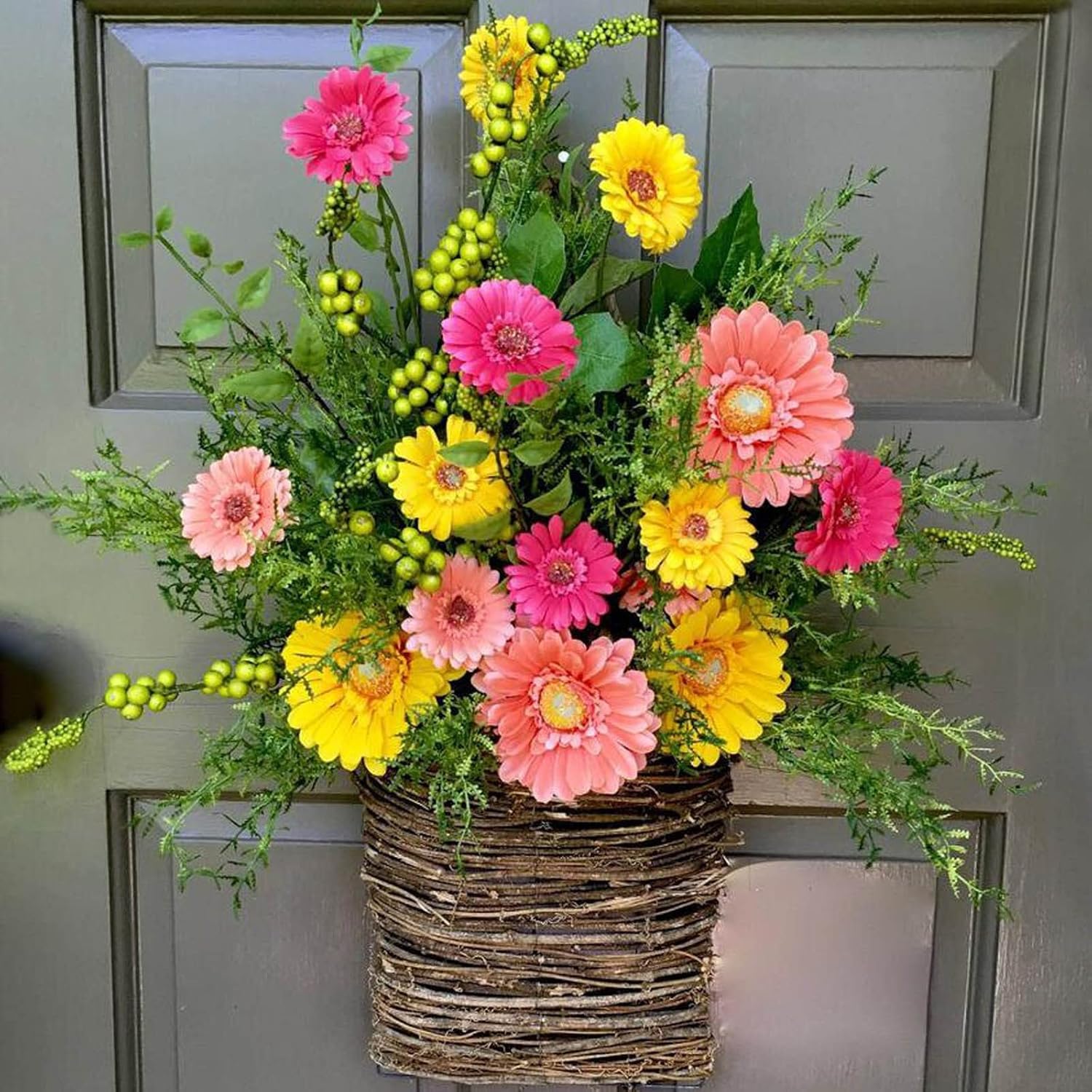Cream Hydrangea Door Wreath with Basket and Rattan