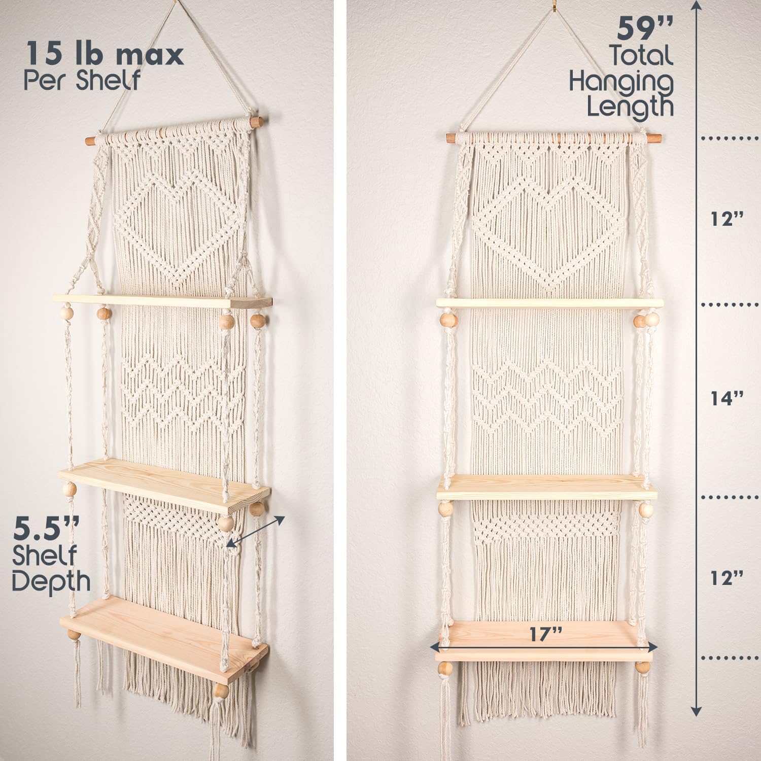 SnugLife 3 Tier Macrame Wall Shelf - Floating Plant Hanger with Pine Wood