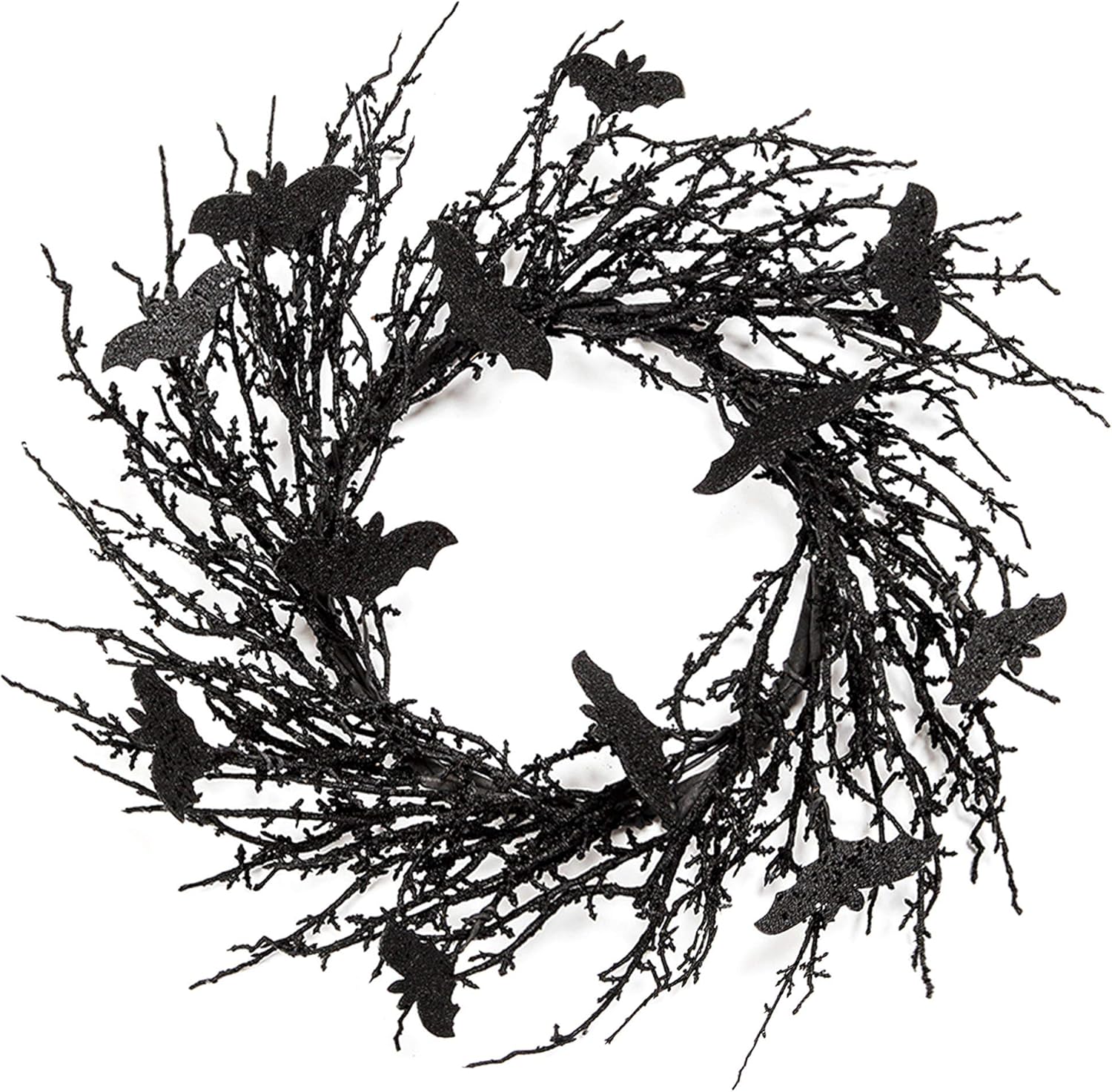 18 Inch Black Bat Wreath with Glitter Halloween Decor