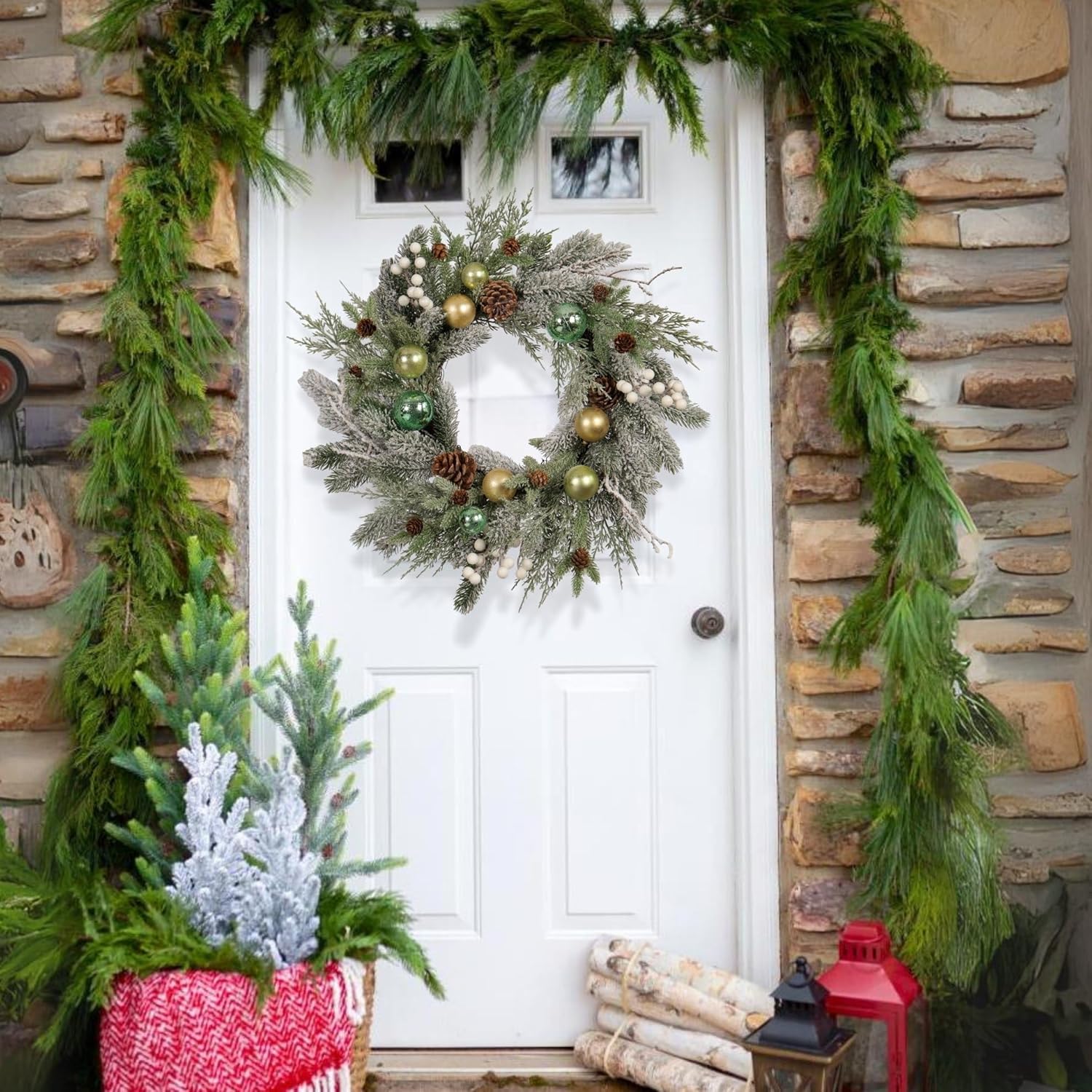 22-inch Snow Flocked Artificial Christmas Wreath with Gold Green Ornaments