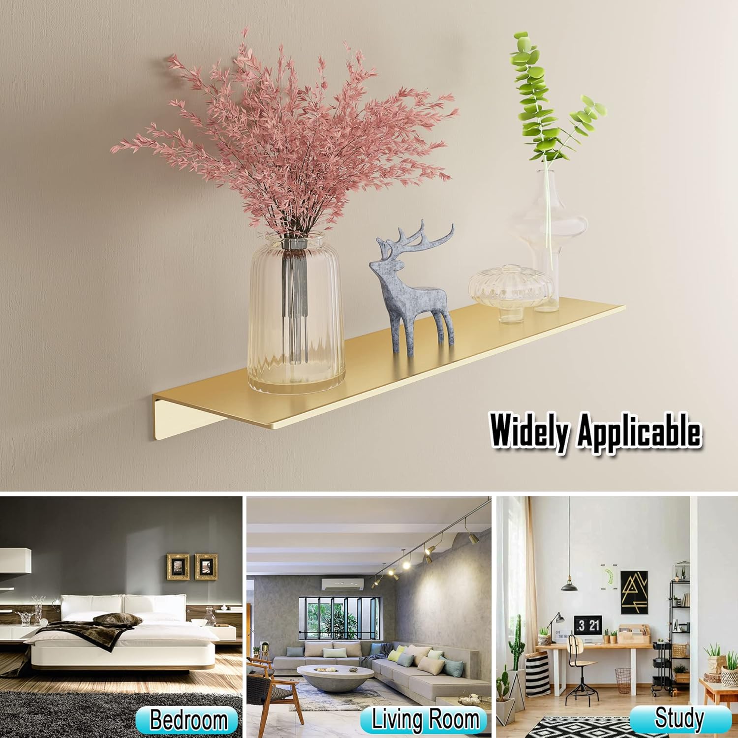 Metal Floating Shelves Set of 2 Brushed Gold Wall Shelves