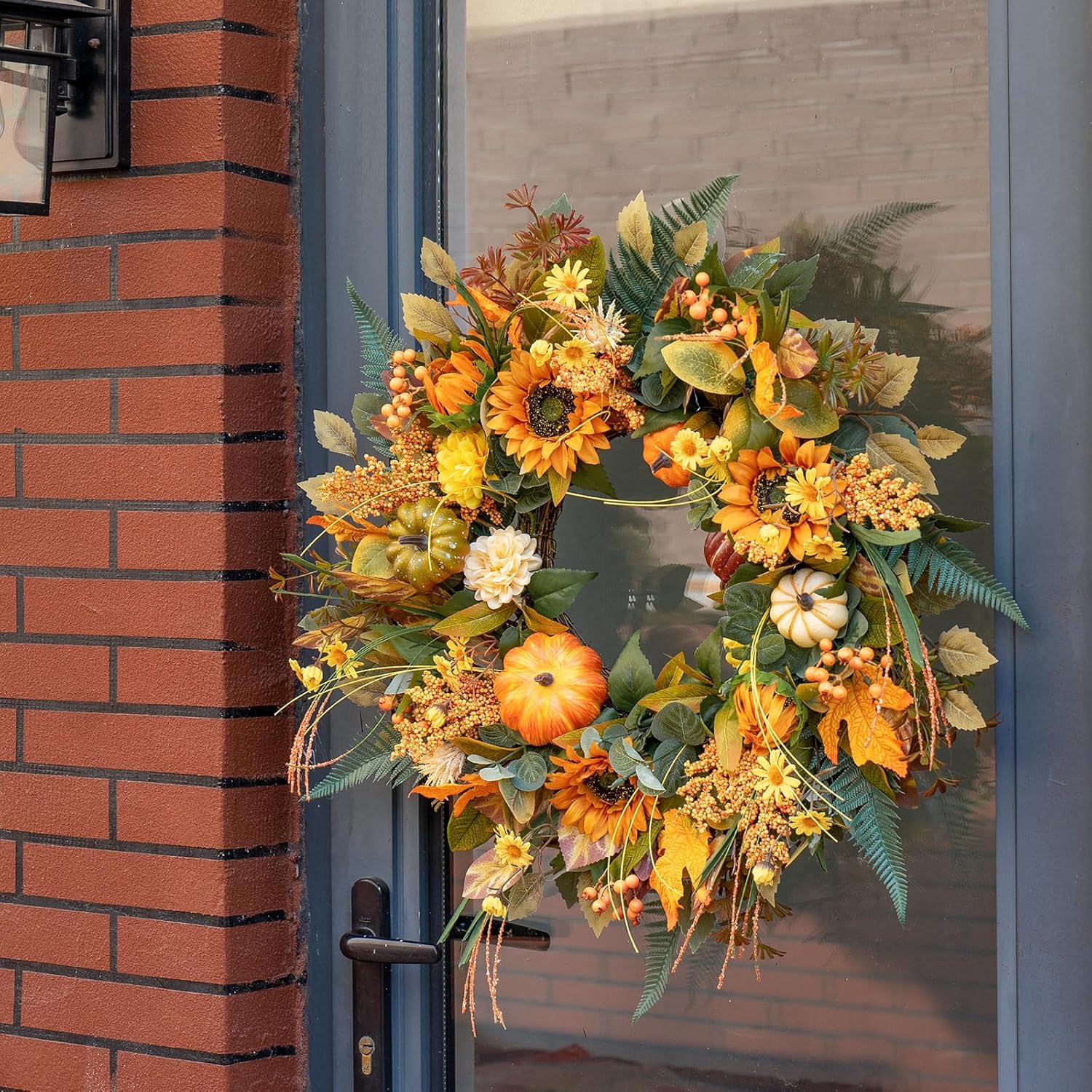 24 Inch Fall Wreath with Sunflowers Pumpkins Leaves for Front Door