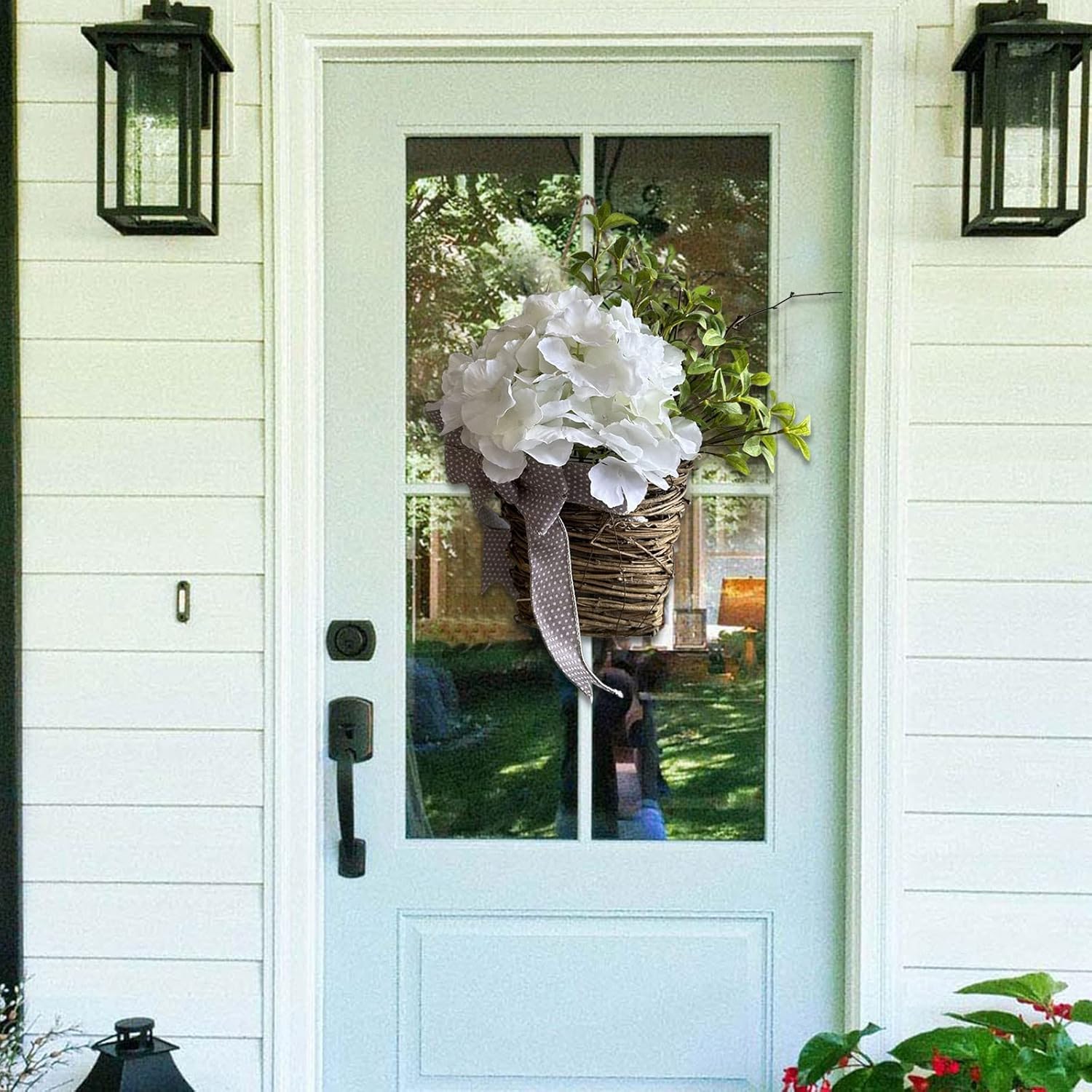 Cream Hydrangea Door Wreath Basket Spring Welcome Sign