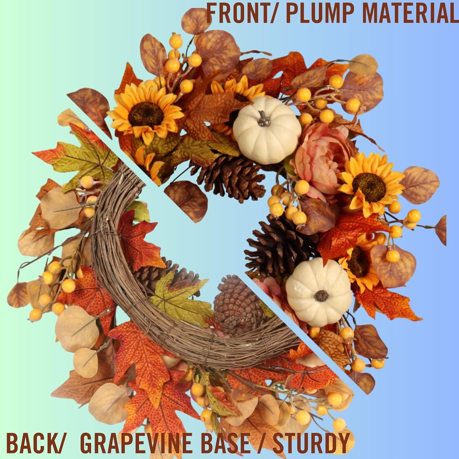Pudate Artificial Fall Autumn Wreath 22 Inches