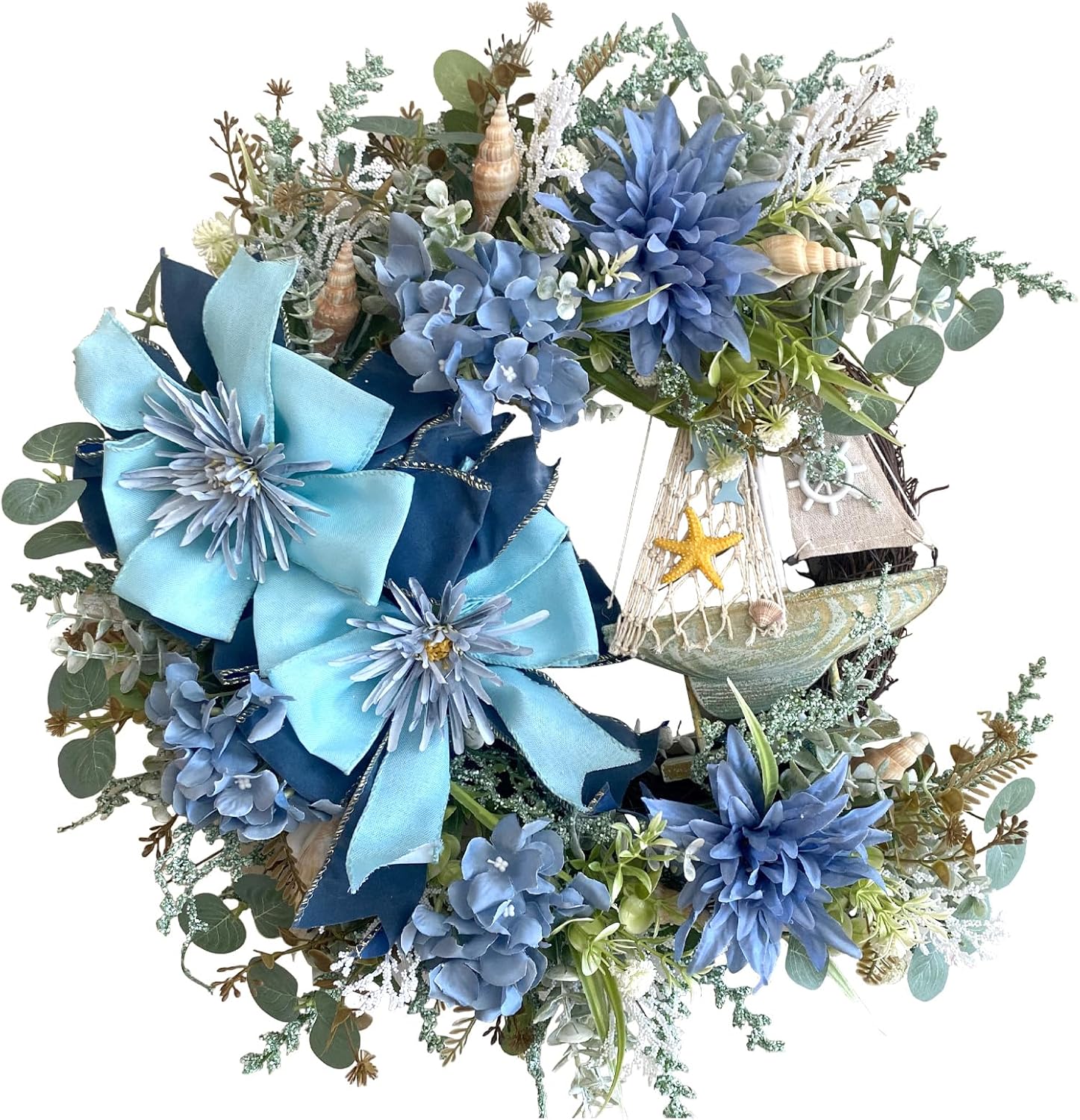 Summer Seaside Blue Floral Wreath with Bowknot