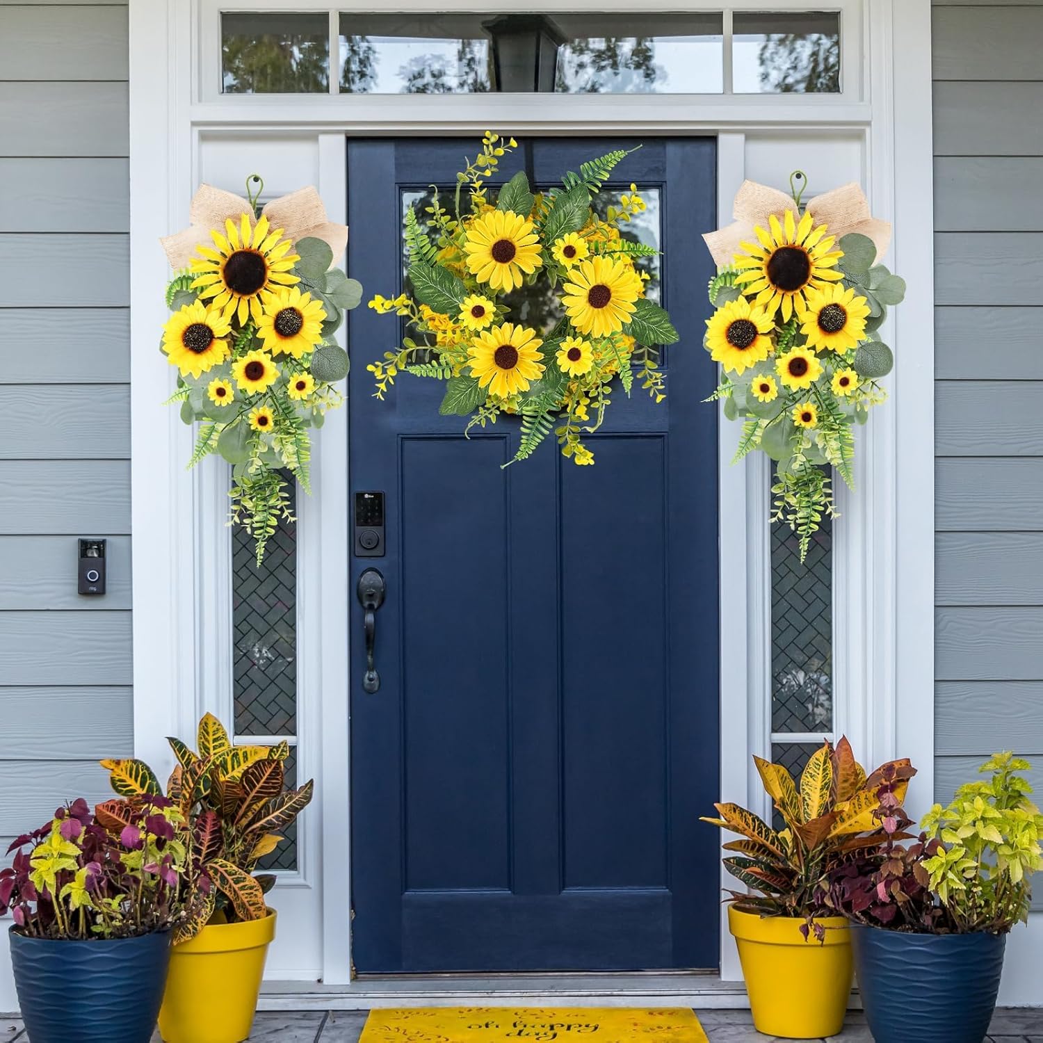 24 inch Artificial Sunflowers Teardrop Wreath with Burlap Bow