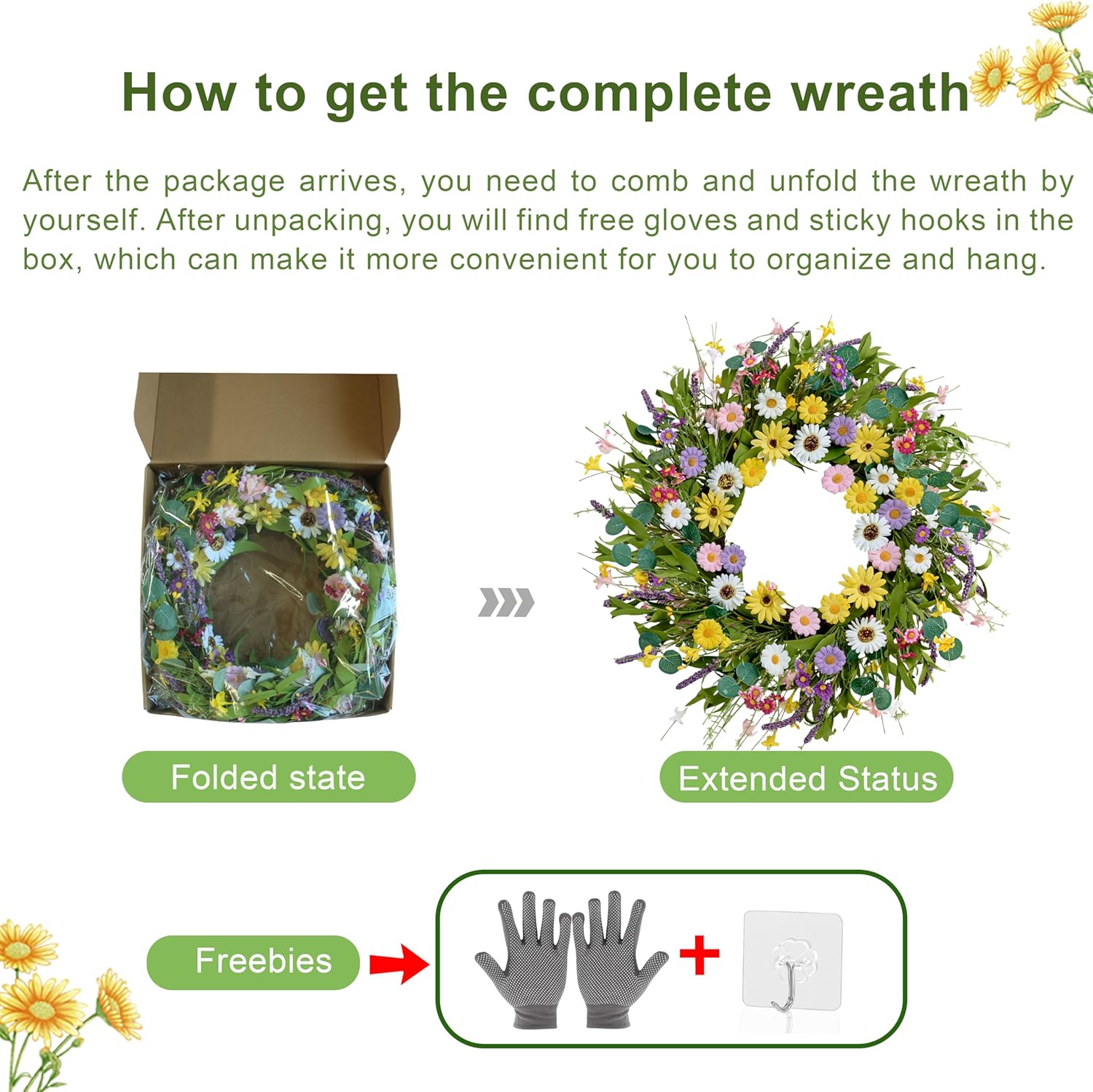 22 Inch Artificial Spring Wreath with Yellow Daisies and Green Eucalyptus Leaves