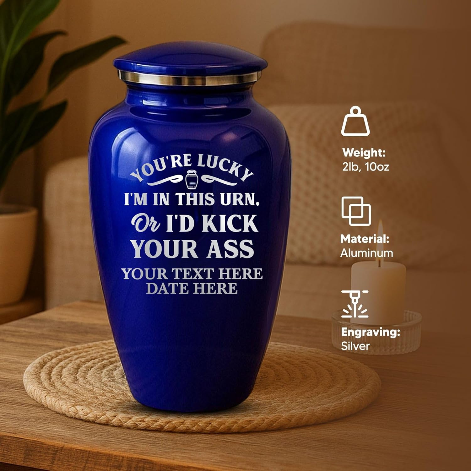 Custom Cremation Urn Metal Vessel Funny Personalized Design Purple