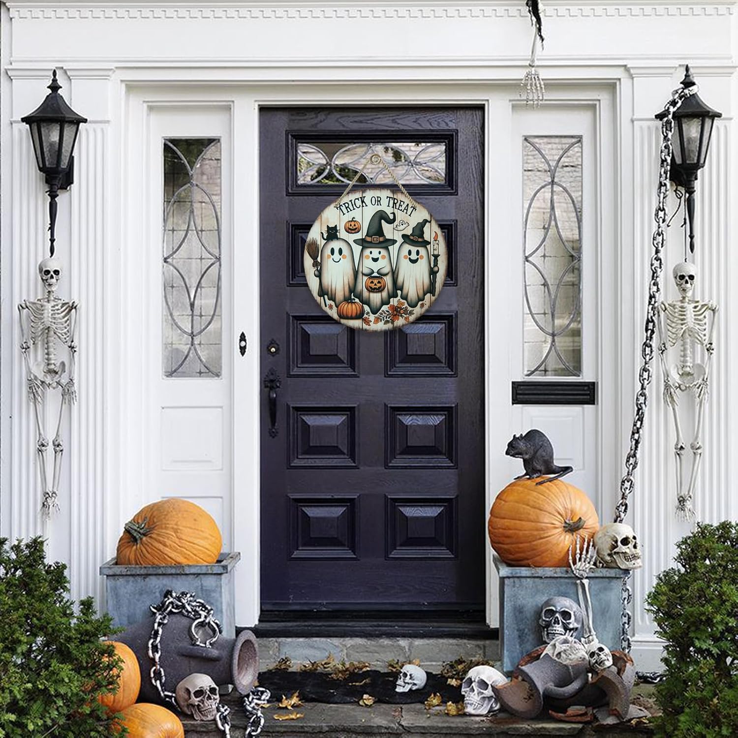 Spooky Halloween Door Sign with Ghost and Pumpkin Design