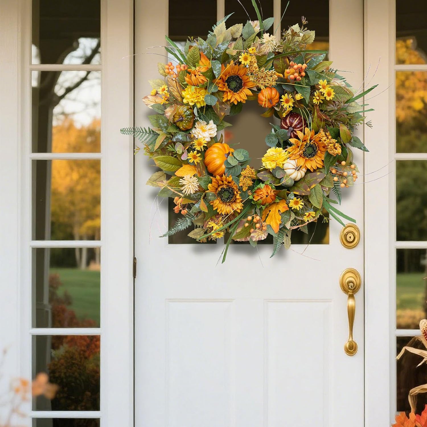 24 Inch Fall Wreath with Sunflowers Pumpkins Leaves for Front Door
