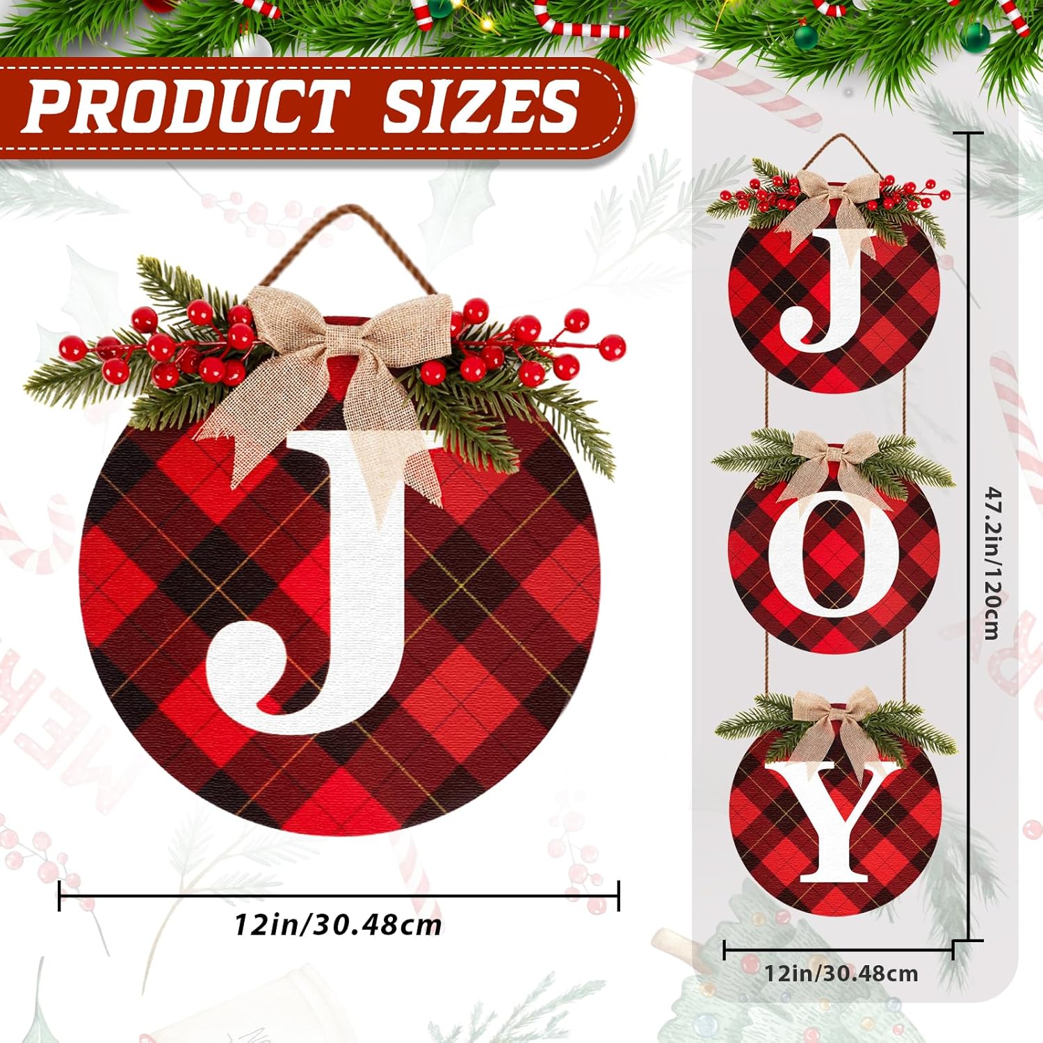 3pcs Buffalo Check Plaid Christmas Wreaths for Front Door