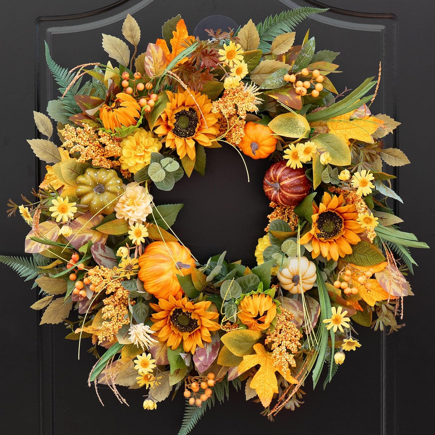 24 Inch Fall Wreath with Sunflowers Pumpkins Leaves for Front Door