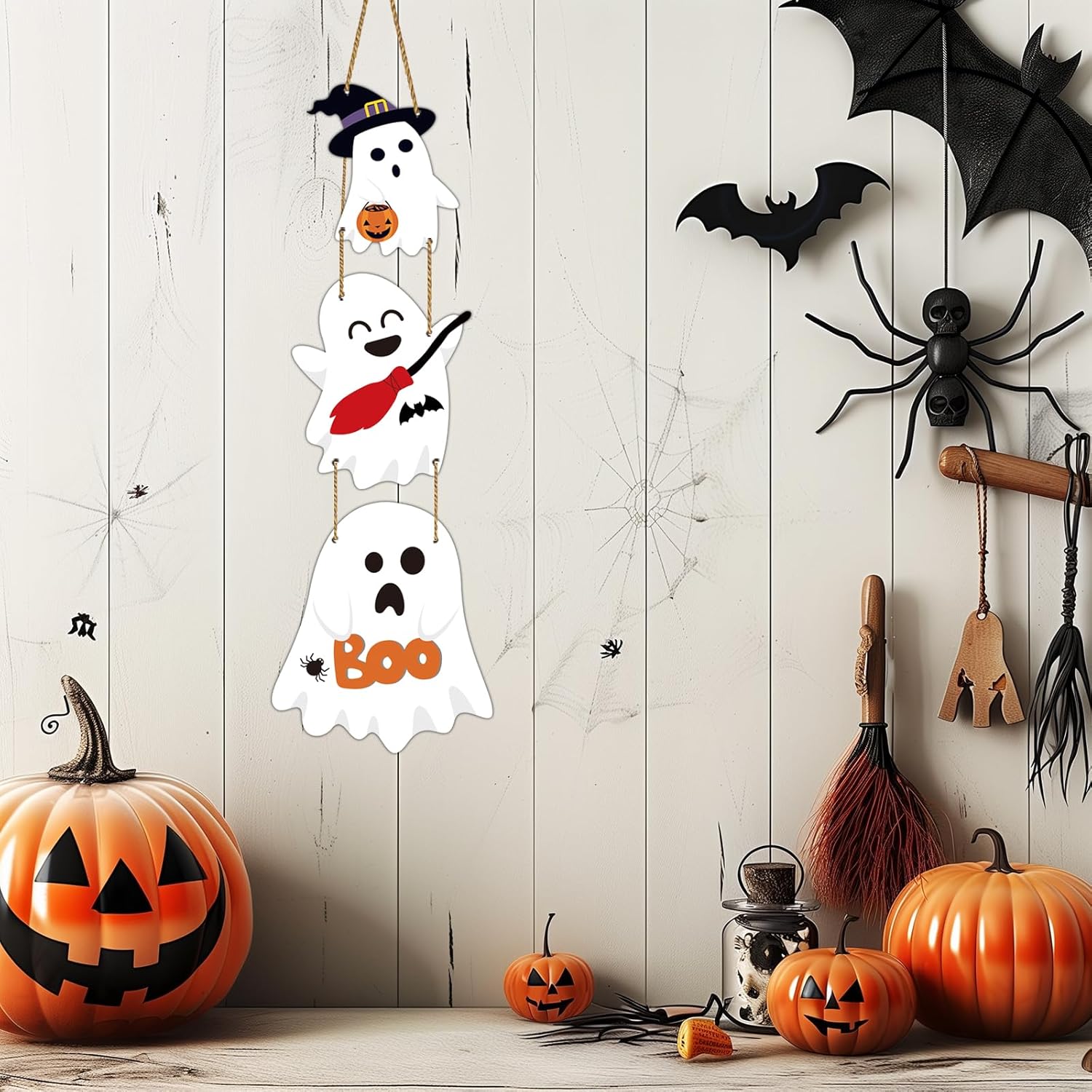 Cute Halloween Wreath with 3 Ghost Plaques Door Decor