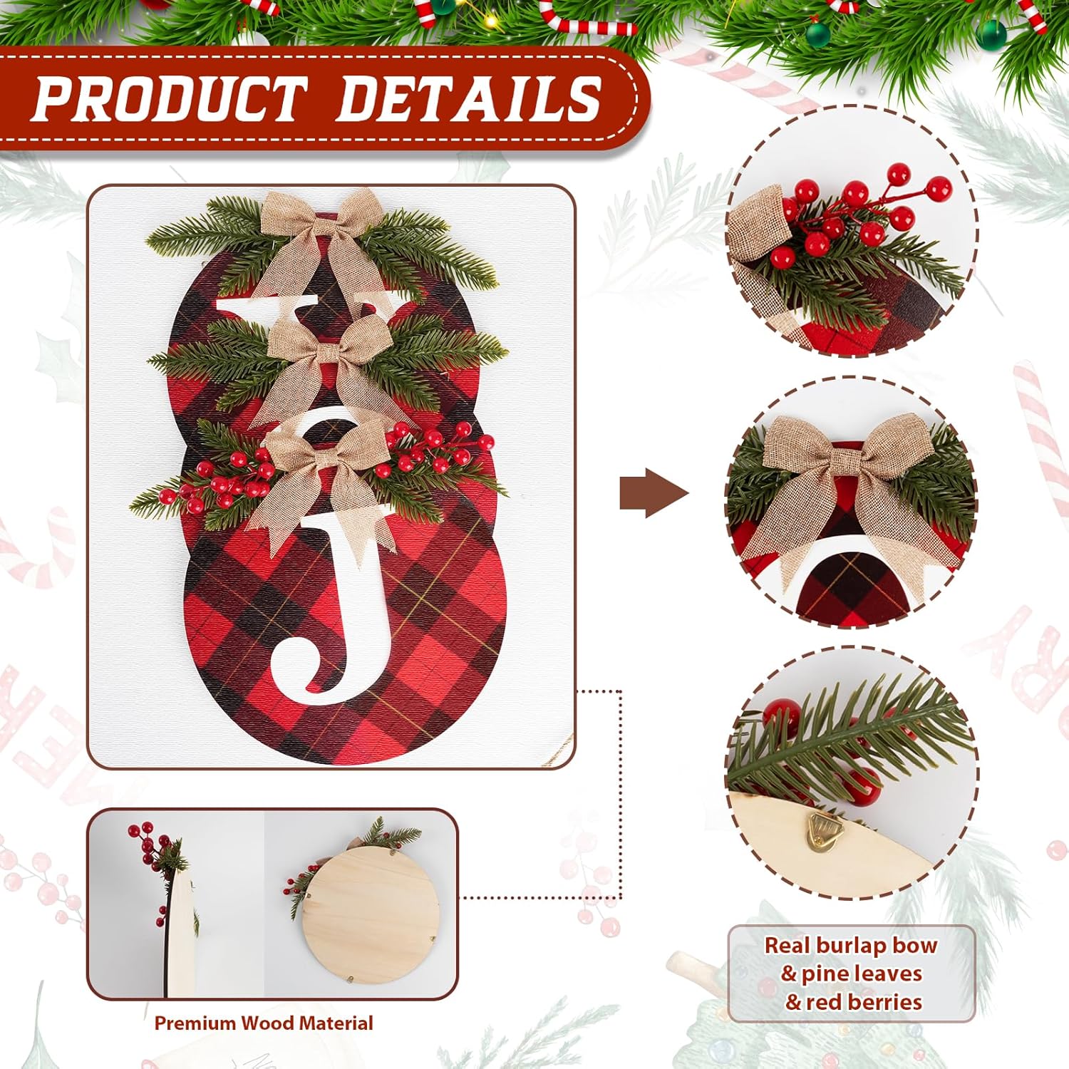 3pcs Buffalo Check Plaid Christmas Wreaths for Front Door