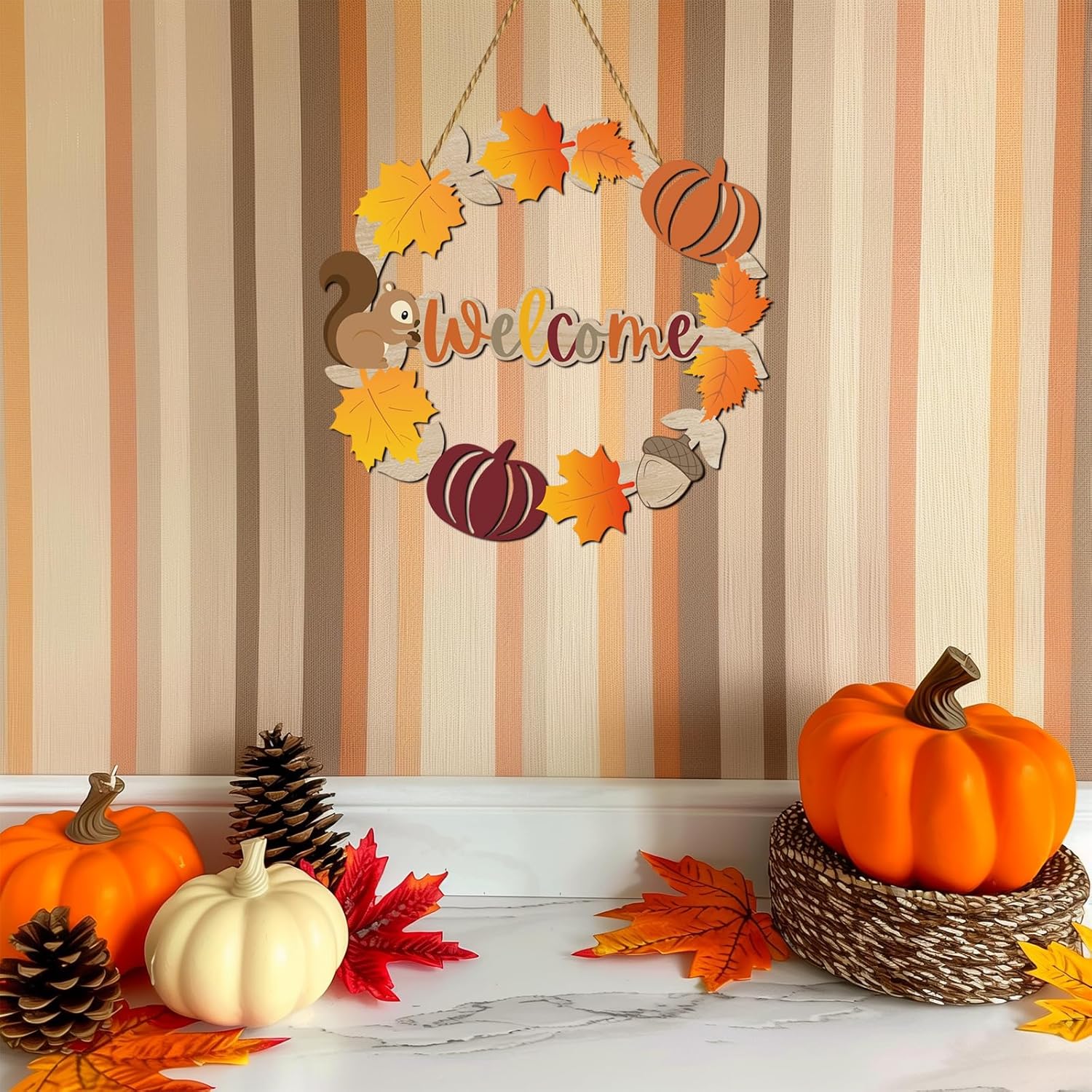 Fall Door Decor Wooden Wreath with Welcome Sign