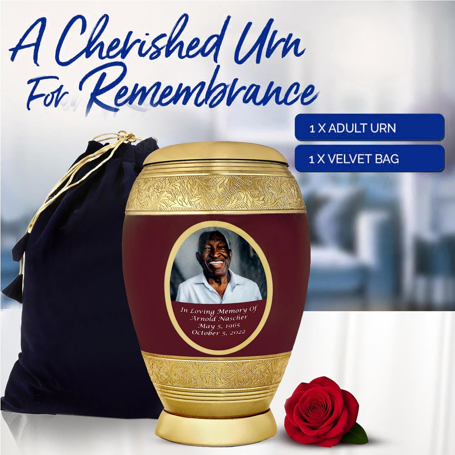 105 Inch Burgundy Personalized Cremation Urn for Human Ashes