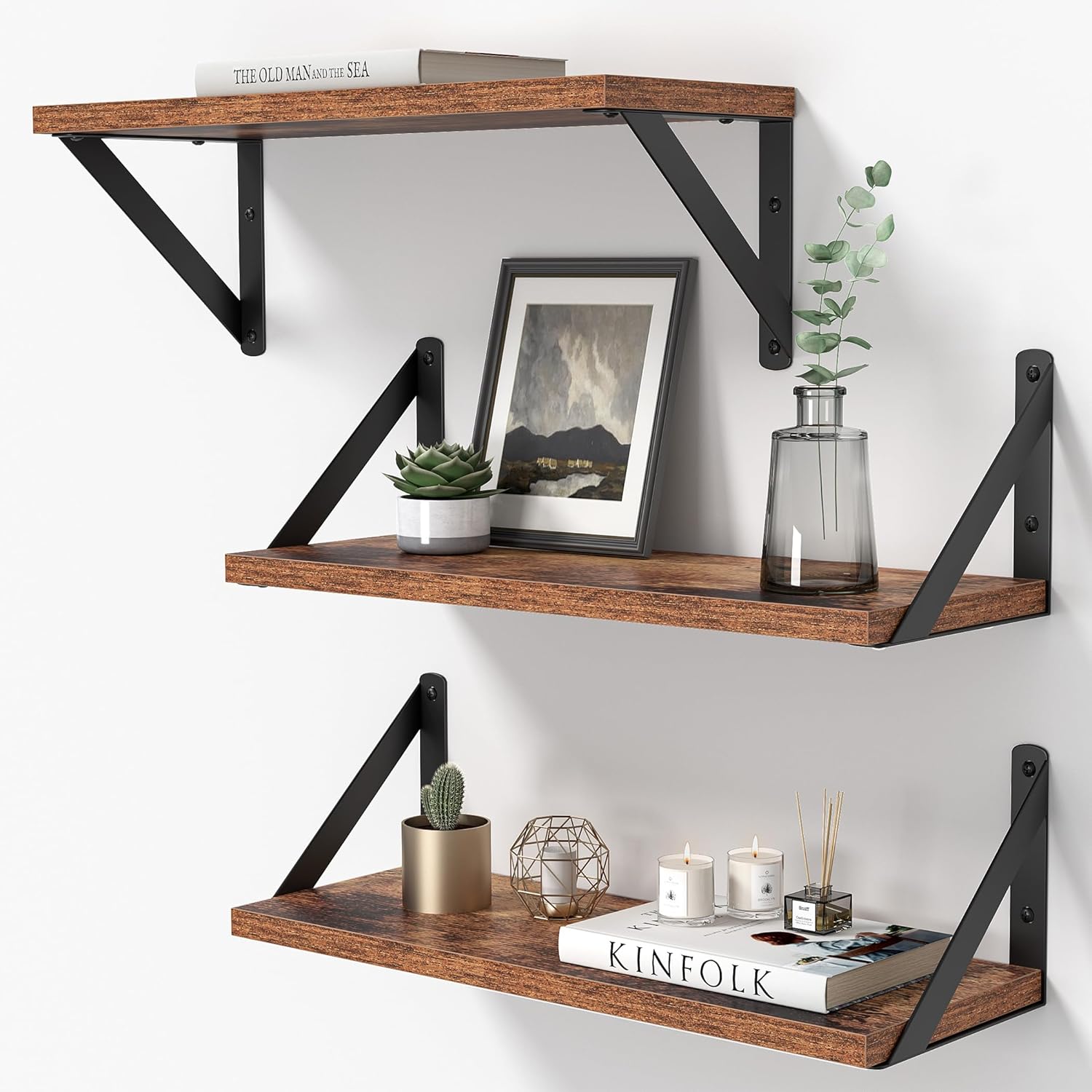Heimlove Floating Shelves Set of 3 16 Inch Wood Rustic Brown