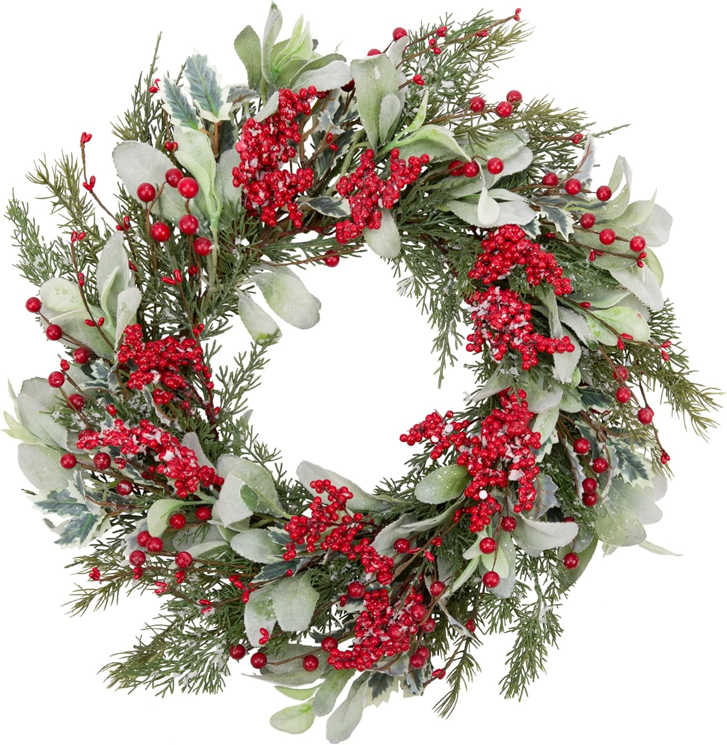 20 Inch Artificial Christmas Wreath with Lambs Ear Leaves Snow and Red Berries