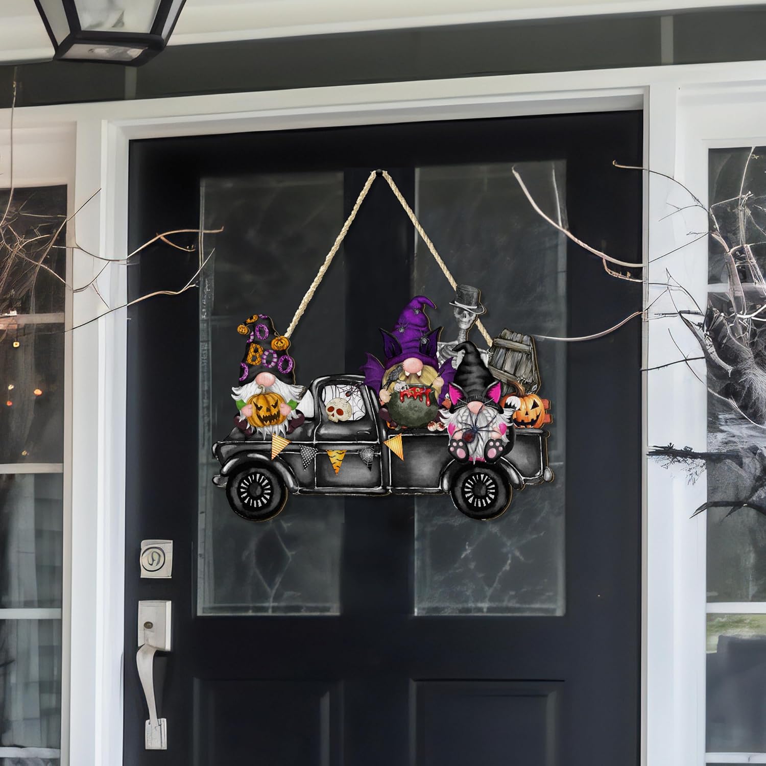 Halloween Door Welcome Sign with Rope and Wooden Design