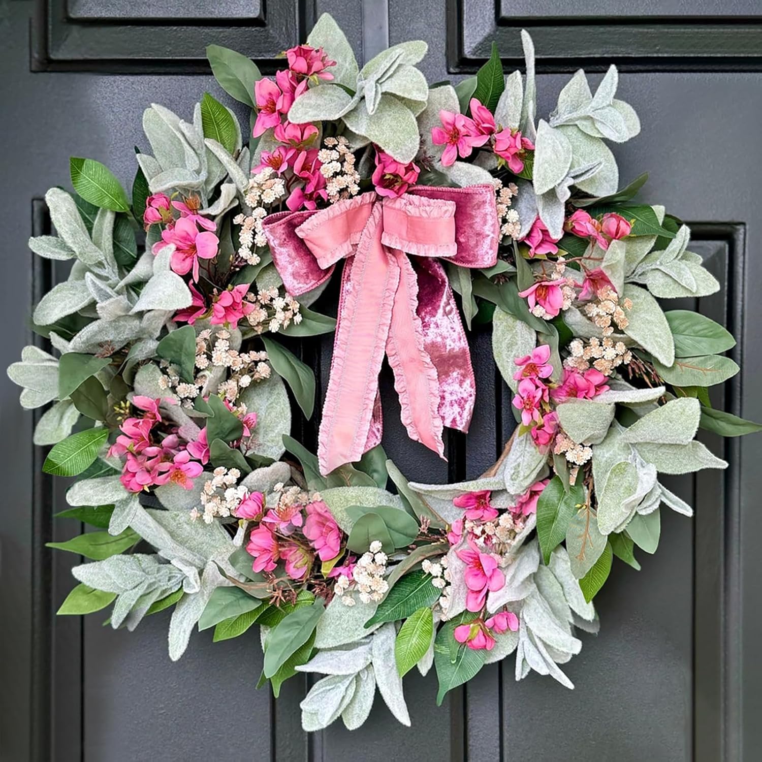 Romantic Lambs Ear Wreath for Front Door with Hot Pink Ribbon