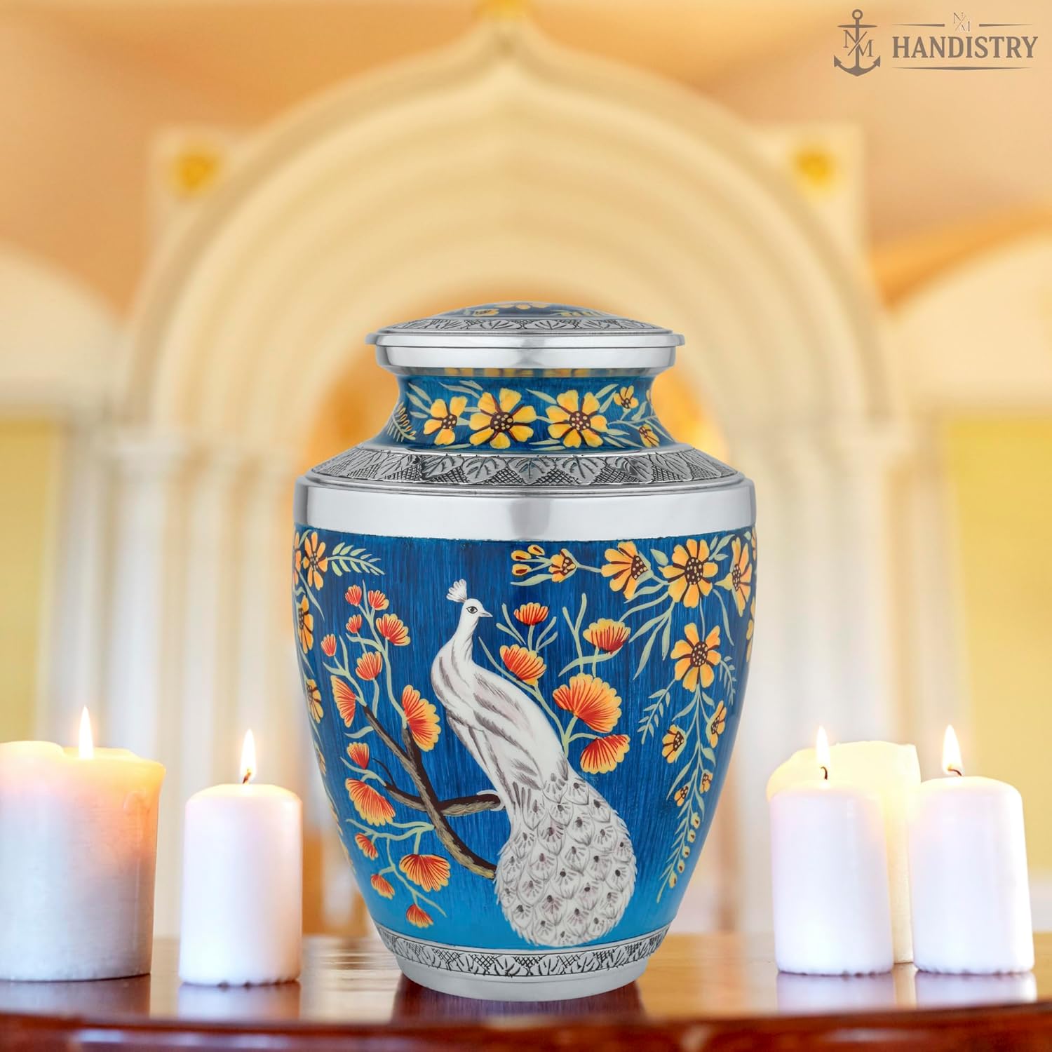 Handpainted Peacock Cremation Urn for Adult Male