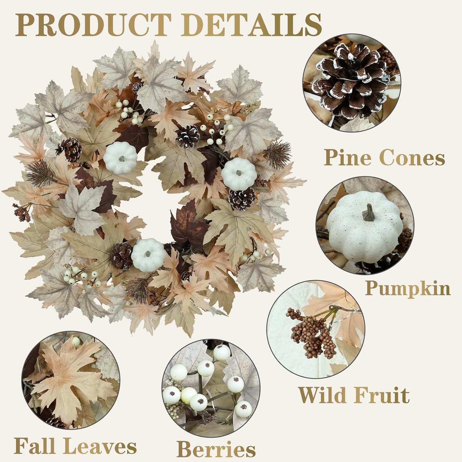 Realistic Fall Wreath with Timer Lights 22 Inch
