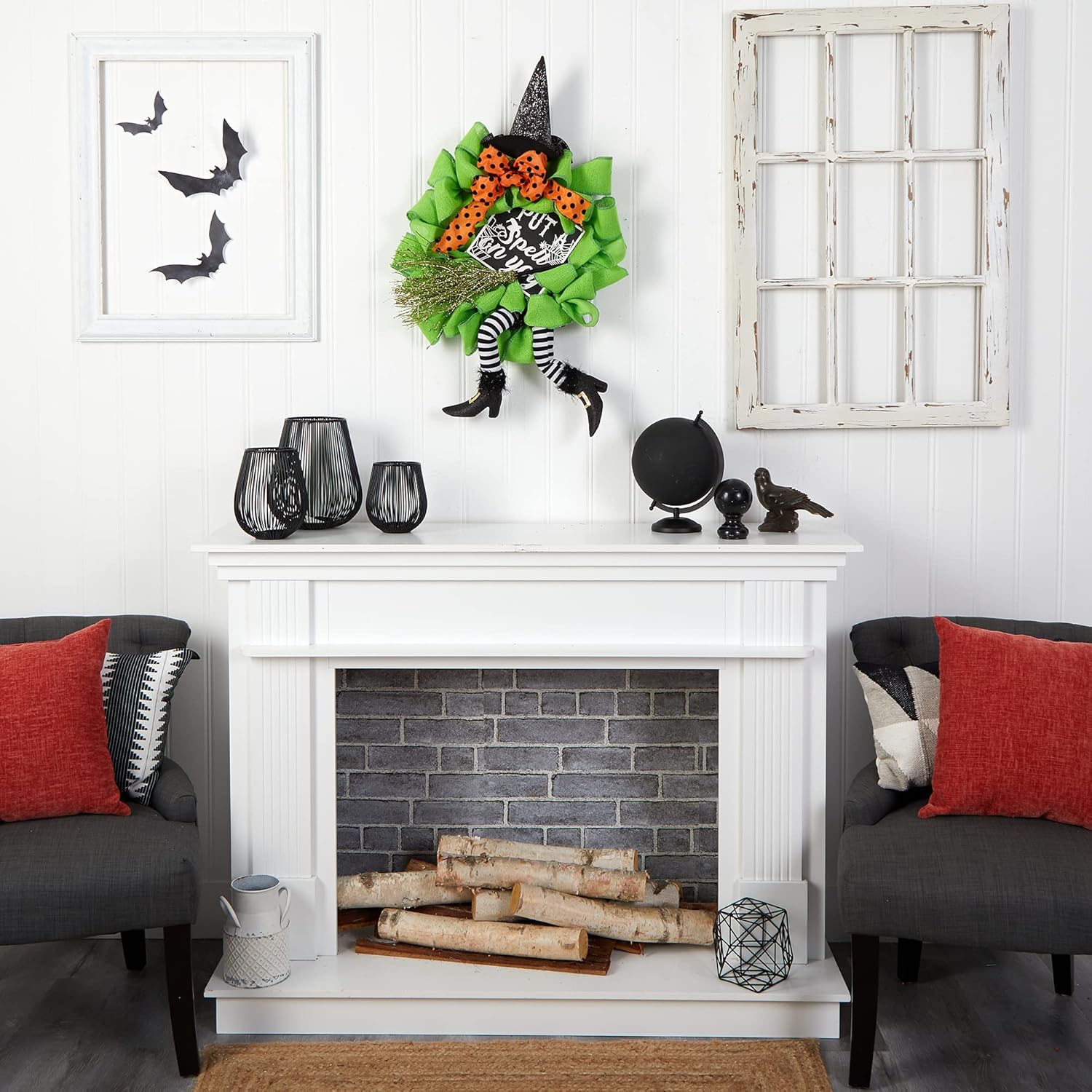 Nearly Natural 26in Halloween Witch Broom and Hat Wreath