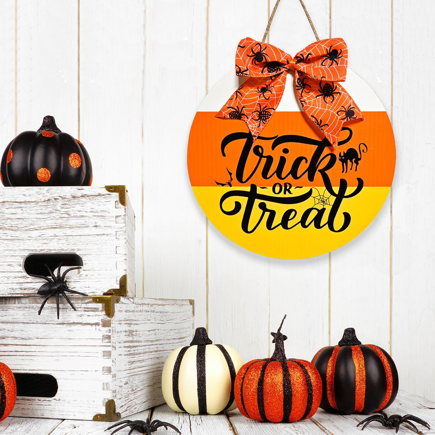 Trick or Treat Halloween Door Sign with Spider Web Pattern