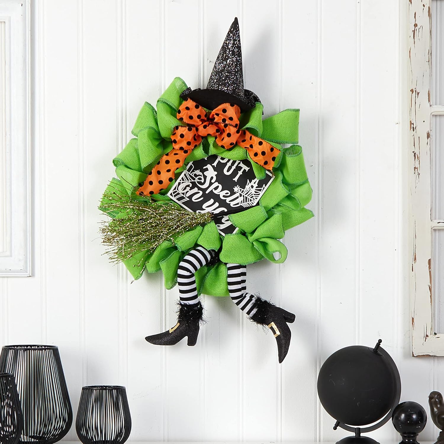 Nearly Natural 26in Halloween Witch Broom and Hat Wreath