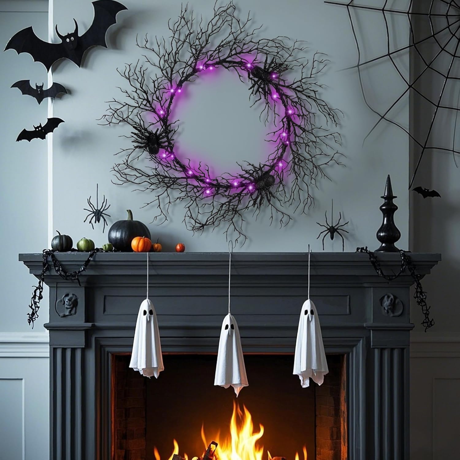 24 Inch Halloween Wreath with Purple LED Lights
