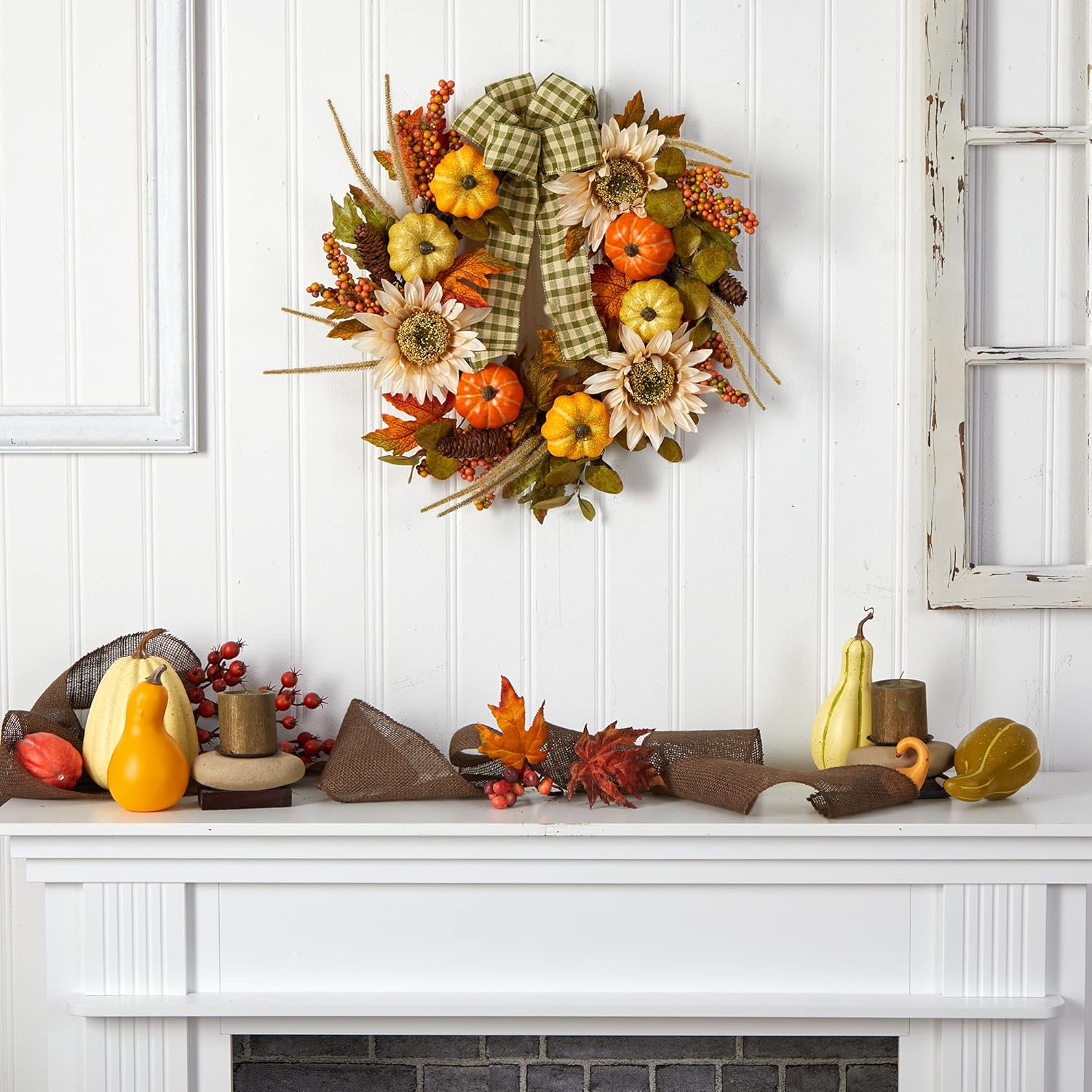 Nearly Natural 24in Fall Pumpkin Sunflower Wreath with Ribbon