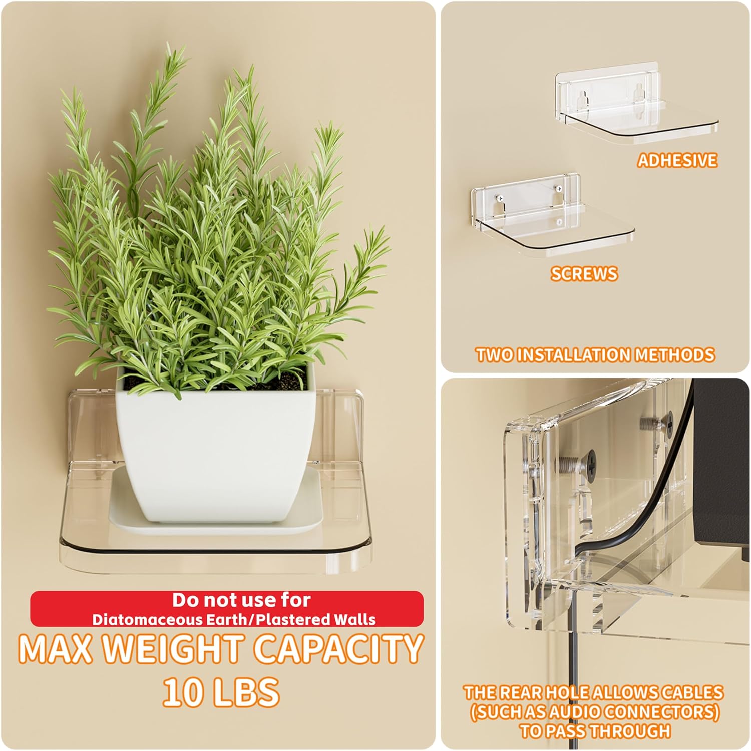 Yieach 5 Inch Mini Wall Shelf 4 Pack Clear Floating Display