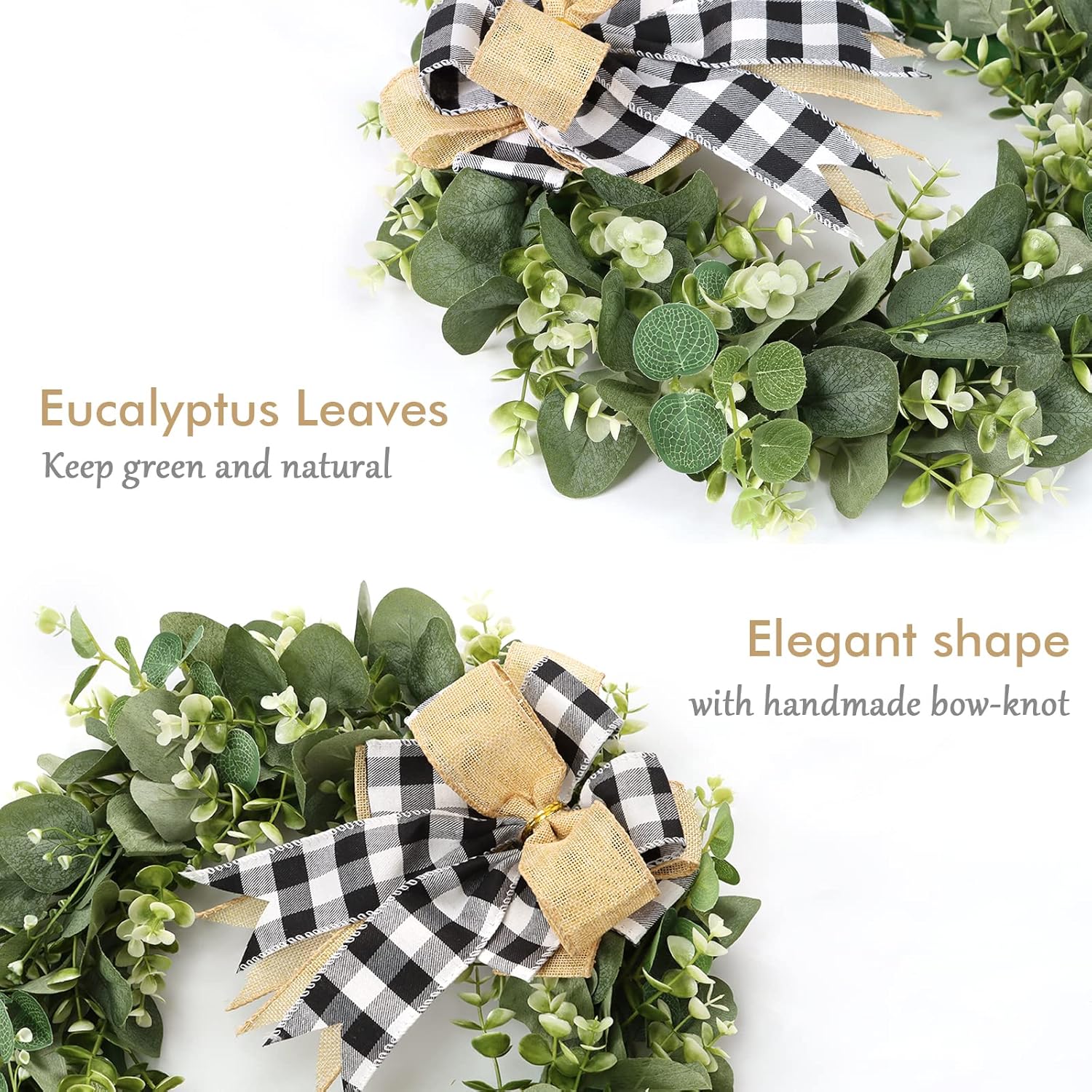 Dremisland Buffalo Plaid Wreath 16 Inch Artificial Eucalyptus Wreath with Plaid Bow